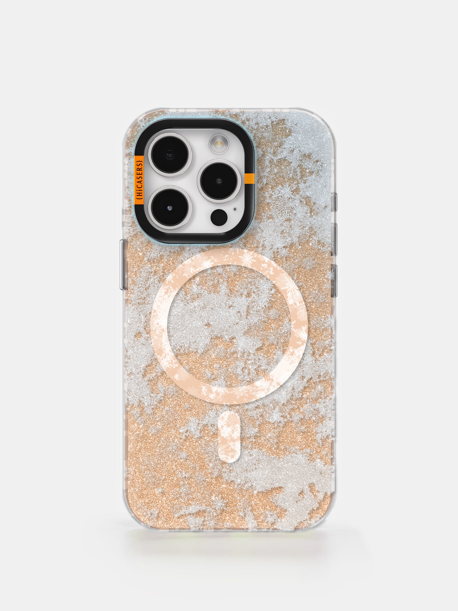 Snowflake Pattern Glitter Phone Case for iPhone & Samsung - Shimmering Peach Pink Cover with Holiday Winter Design - Perfect for Christmas, New Year & Winter Season Gifts