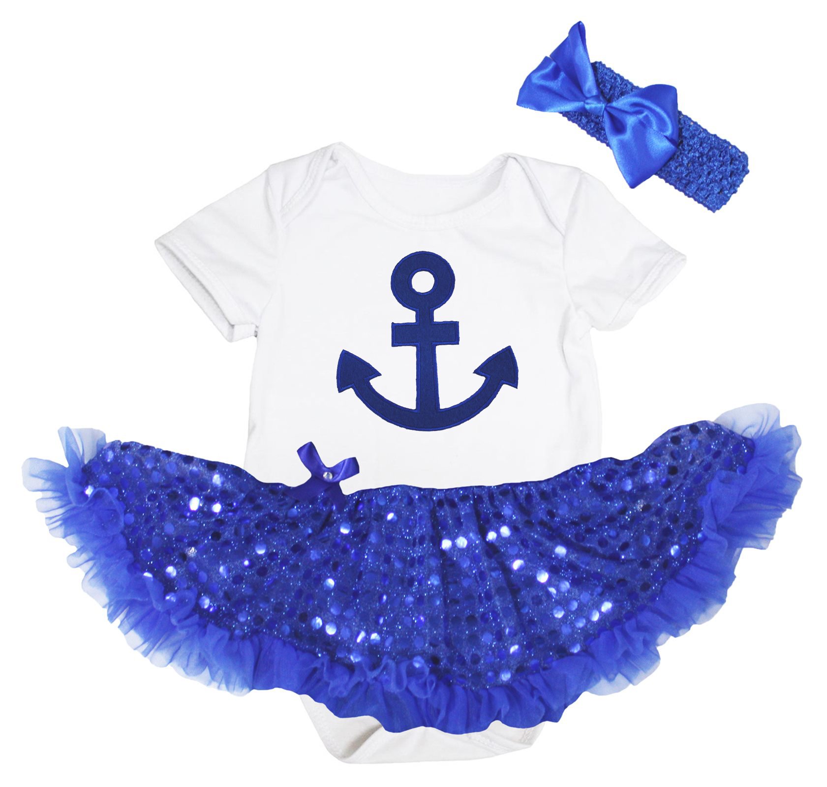 Petitebella Blue Anchor White Bodysuit Royal Blue Sequins Baby Dress Newborn-18 Months | Adorable Outfit for Baptism, Photo Shoots & Special Occasions