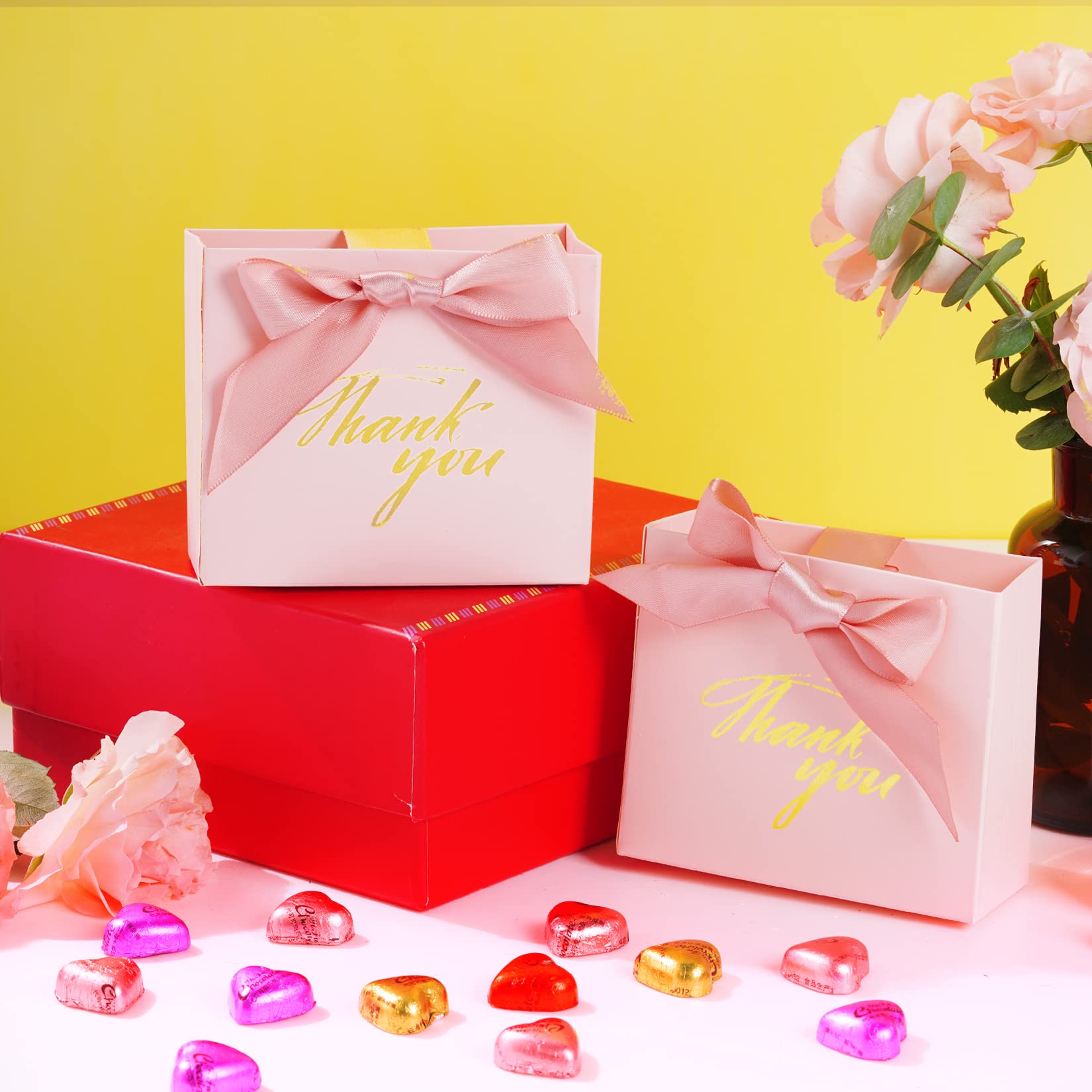 24pcs Small Pink Thank You Gift Bags with Bow Ribbon - Mini Party Favor Treat Boxes for Weddings, Baby Showers & Bridal Events - Elegant Paper Gift Bags for Candy, Business Parties & Holiday Celebrations