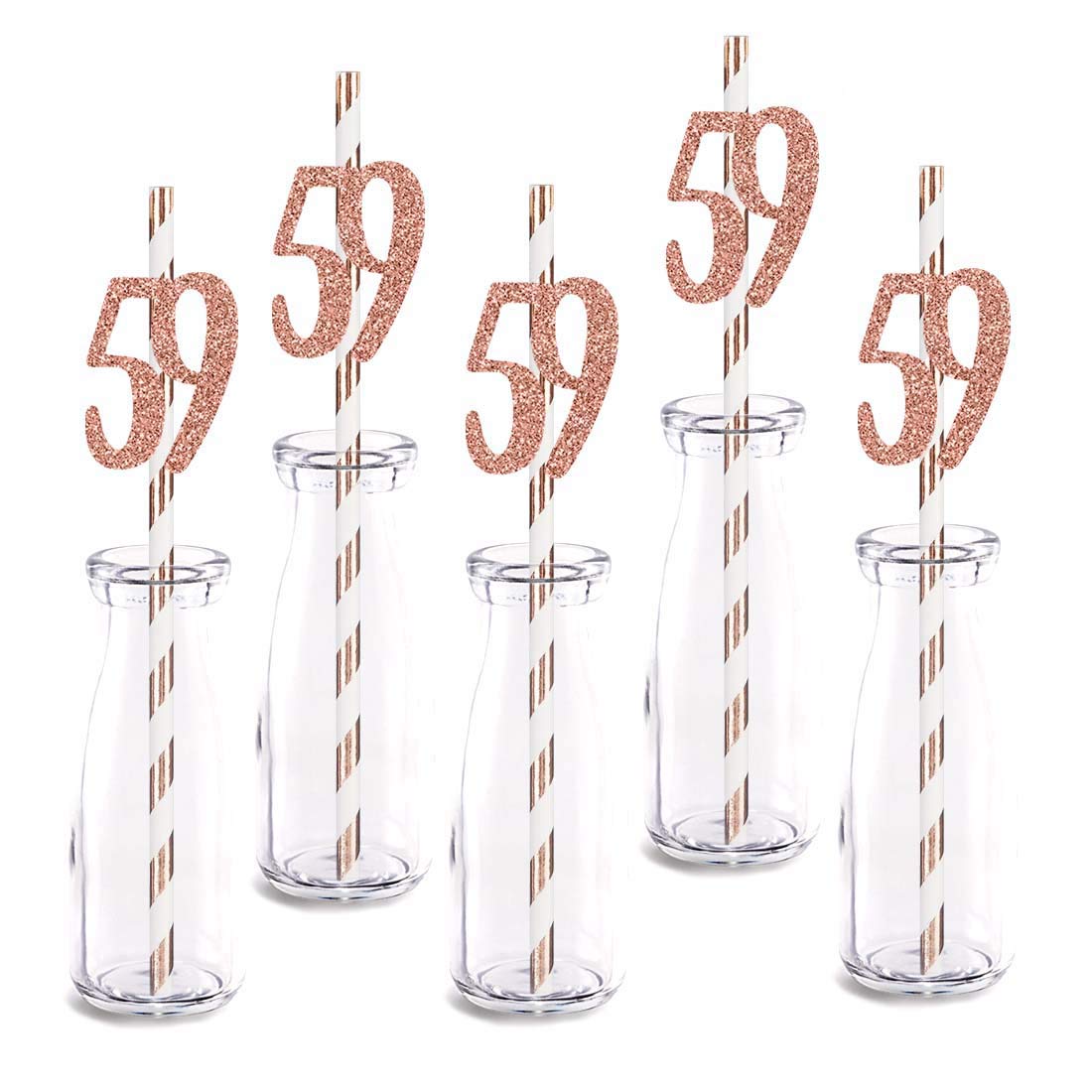 Rose Gold Glitter 59th Birthday Party Straws - 24pcs Cut-Out Number 59 Drinking Decorations for Birthday Celebrations, Anniversaries & Special Events