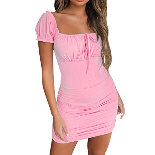 Women's Casual Solid Color Square Neck Ruched Bodycon Mini Dress - Summer Short Sleeve Lace-Up Shirt Dress for Party, Date Night & Beach Vacation