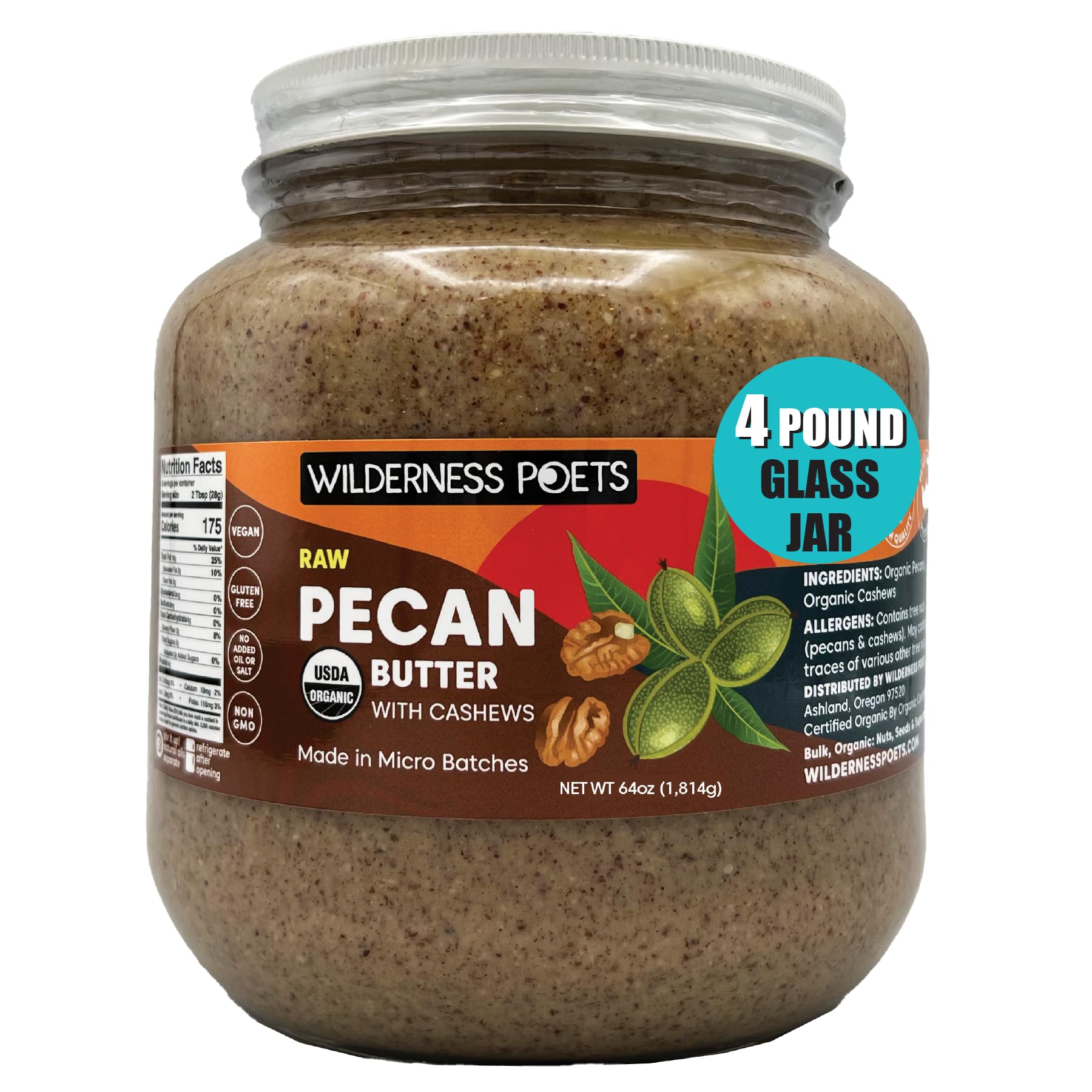 Organic Raw Pecan Butter in Bulk - 64oz (4lb) Half Gallon Glass Jar - Wilderness Poets - Perfect for Smoothies, Baking & Healthy Snacks