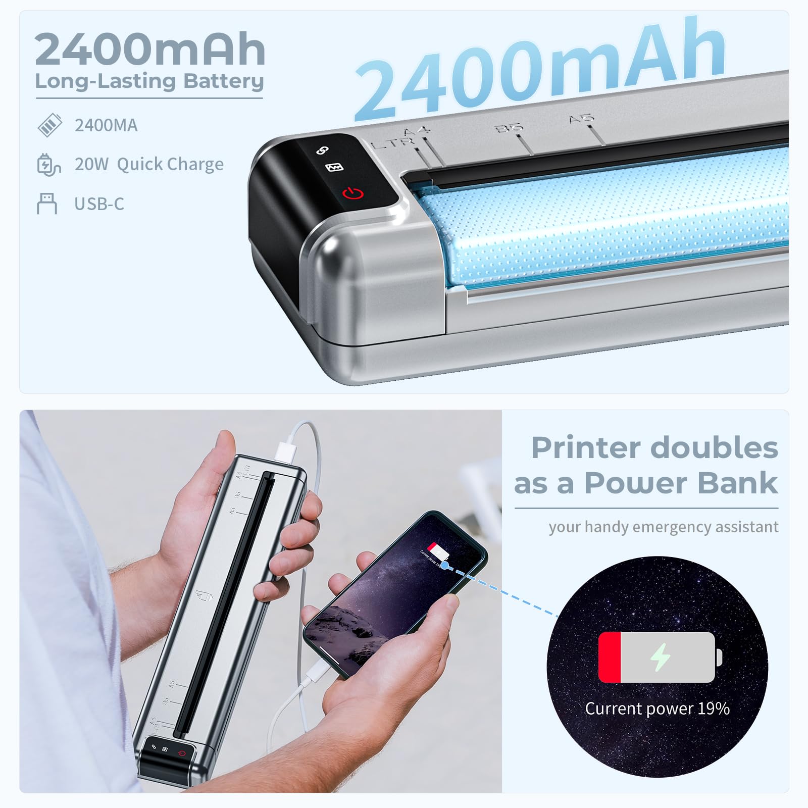 Portable Wireless Thermal Printer for Travel - Q302 WiFi Inkless Printer with Reverse Charging, Bluetooth Phone Printer Supports US Letter/A4/B5/A5 Paper, 300DPI - Perfect for Home, Office & On-the-Go Printing Needs