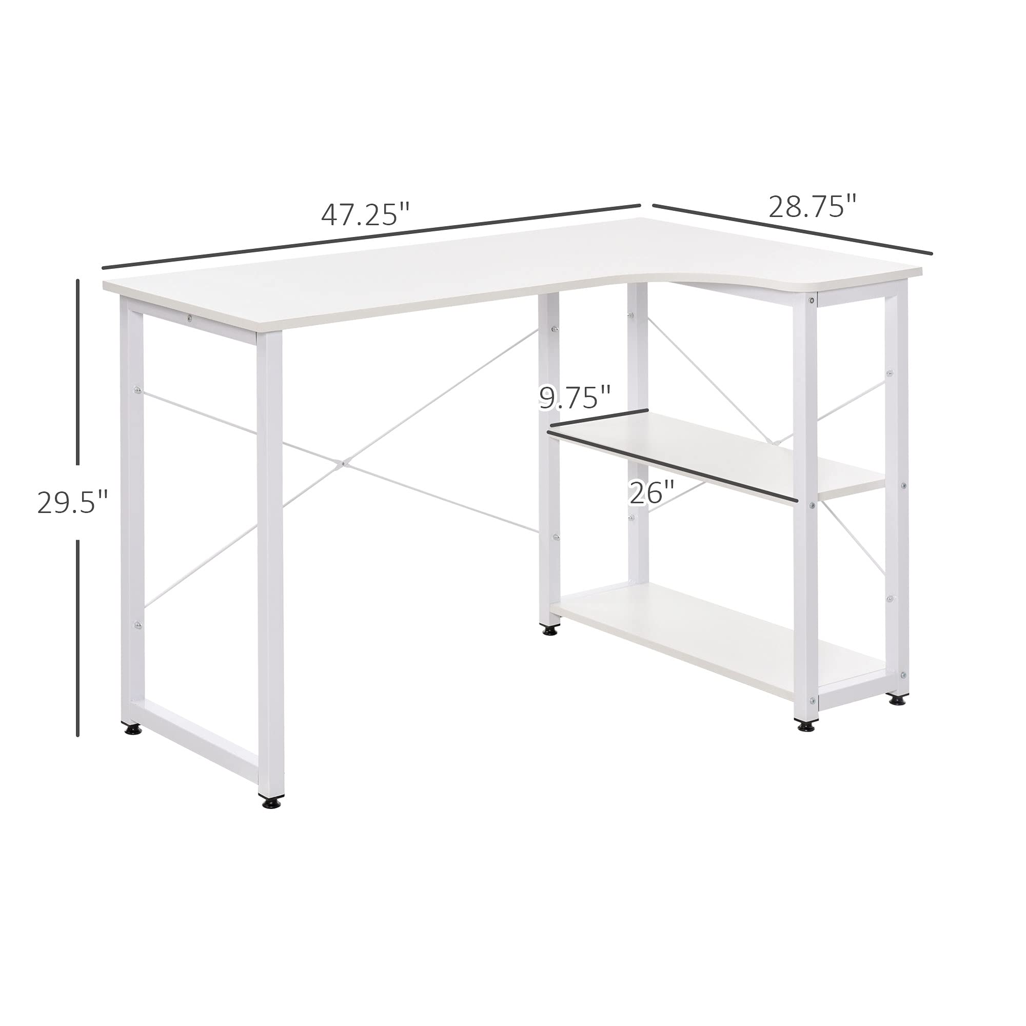 HOMCOM Industrial L-Shaped Computer Desk with 2 Side Shelves & Steel Frame, White Corner Desk for Home Office, Study & Gaming Workstation - Perfect for Small Spaces & Multi-Monitor Setups