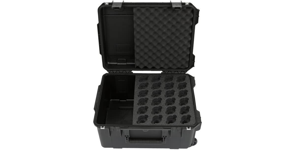 SKB Injection Molded Microphone Case with Foam Insert - Holds 24 Mics, Storage Compartment & Wheels - Perfect for Studio, Live Performances & Equipment Transport