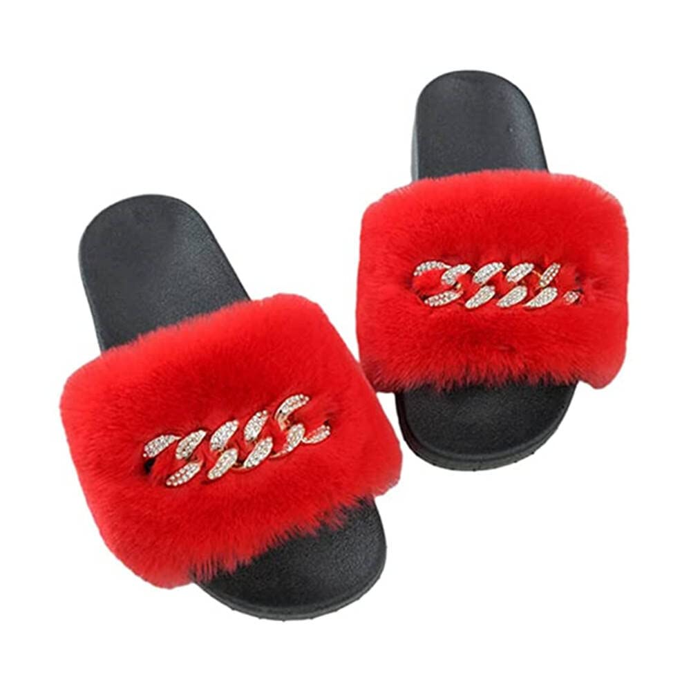 Dayiss Women's Faux Fox Fur Fluffy Slide Slippers - Open Toe Single Strap Flat Sandals for Indoor/Outdoor Wear | Cozy House Shoes for Lounge, Beach & Summer Comfort