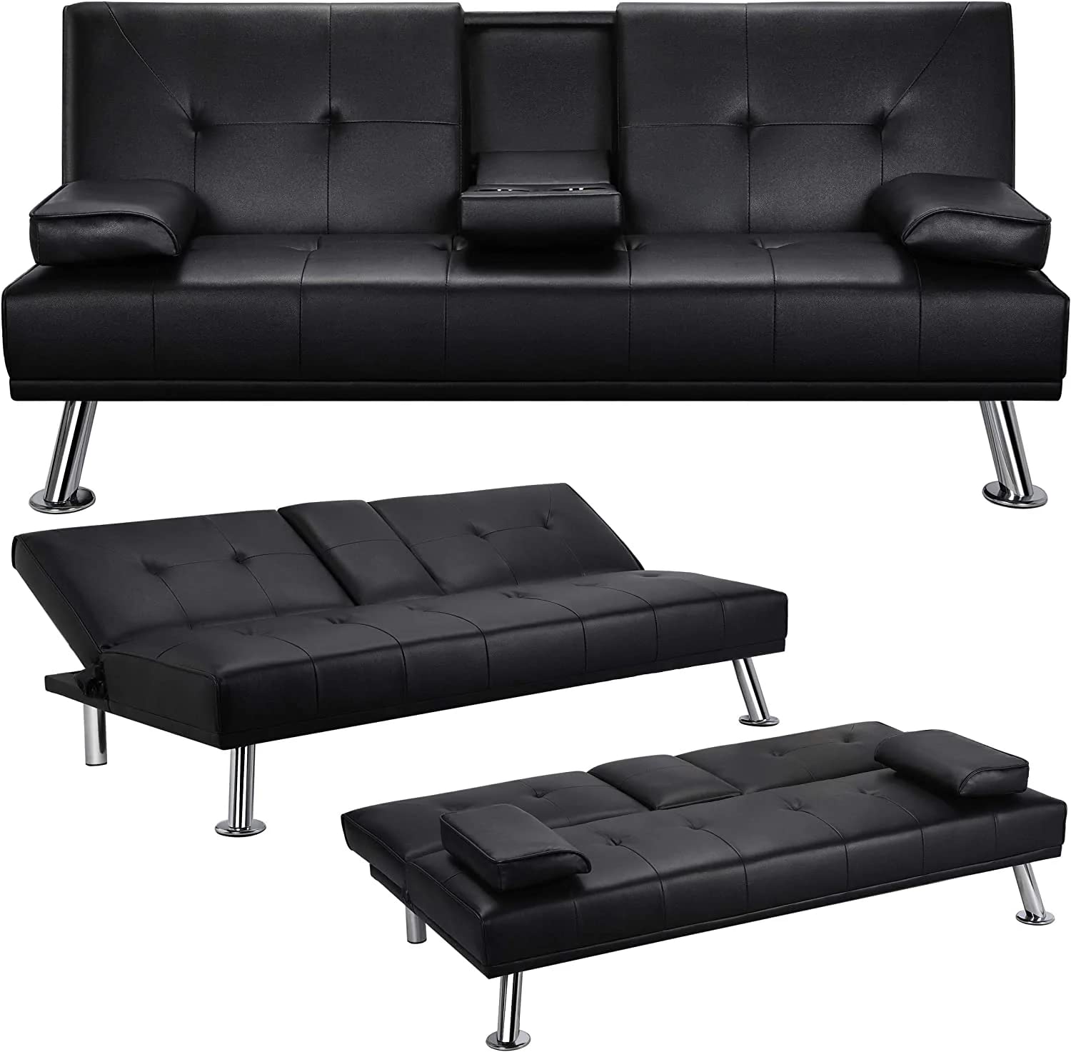 Convertible Sofa Bed - Modern Faux Leather Reclining Loveseat with Adjustable Backrest (3 Angles) & Removable Armrests - 772Lb Weight Capacity - Folding Daybed for Small Spaces - Perfect for Guest Room, Living Room & Studio Apartments - Includes Cup Holders - Black