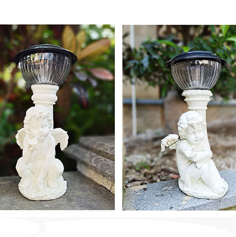 Solar Angel Statue - Outdoor Solar LED Cherub Garden Decor, Antique Resin Angel Figurine for Patio, Yard & Indoor Home Decor - Perfect for Garden Pathways, Terrace Lighting & Holiday Displays