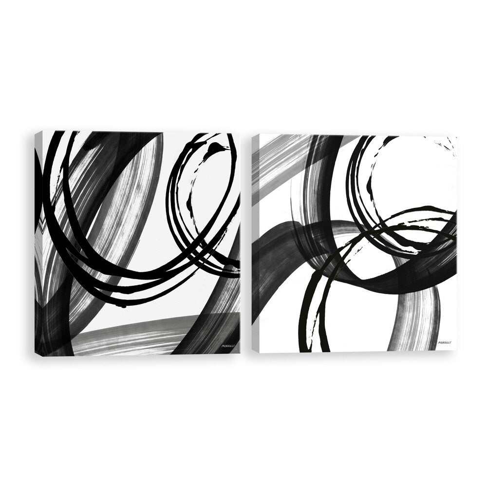 Black and White Pop Art Hand-Embellished Canvas Wall Art Set of 2 - 14x14 Inches Modern Abstract Paintings for Living Room, Bedroom & Office Decor