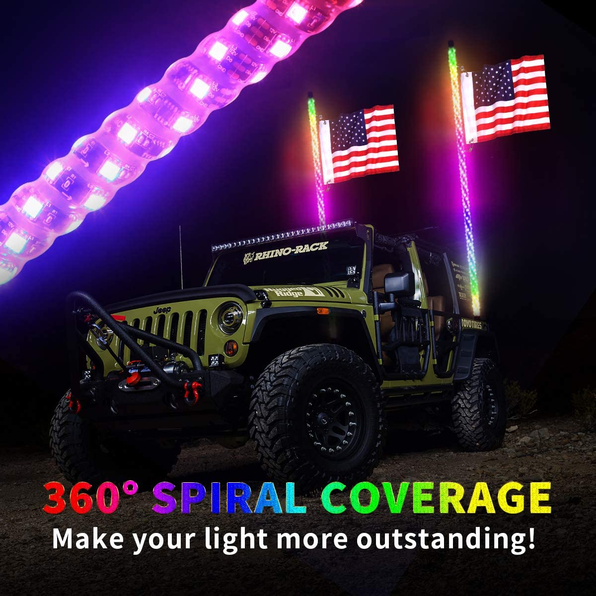 Dual Remote Control RGB LED Whip Light with Flag Pole - Waterproof Off-Road ATV UTV Accessories for Night Riding & Car Shows