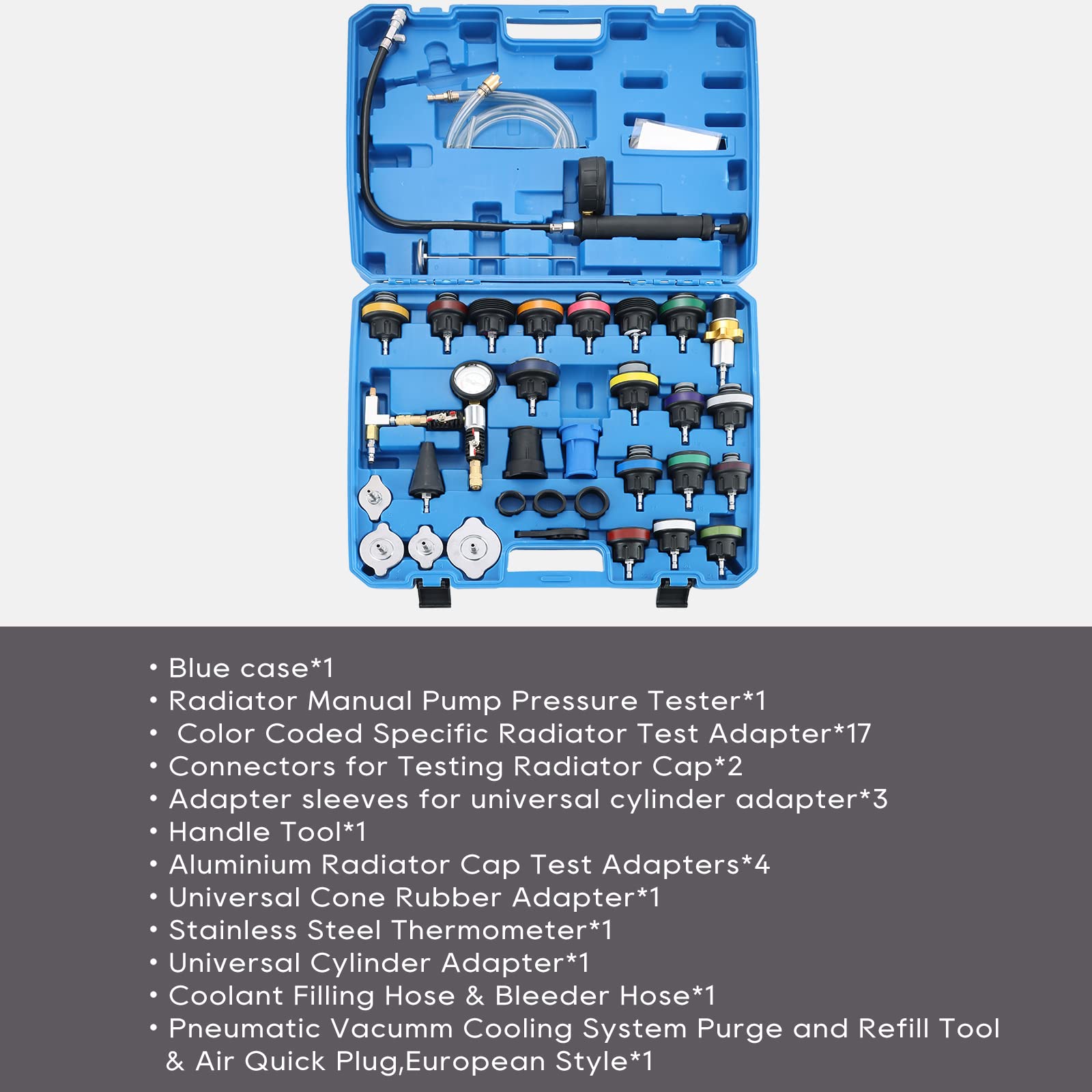ATPEAM 34PCS Universal Radiator Pressure Tester Kit - Automotive Cooling System Diagnostic Tool with Vacuum Refill Pump for Leak Detection & Coolant Flushing | Perfect for Mechanics & DIY Car Maintenance