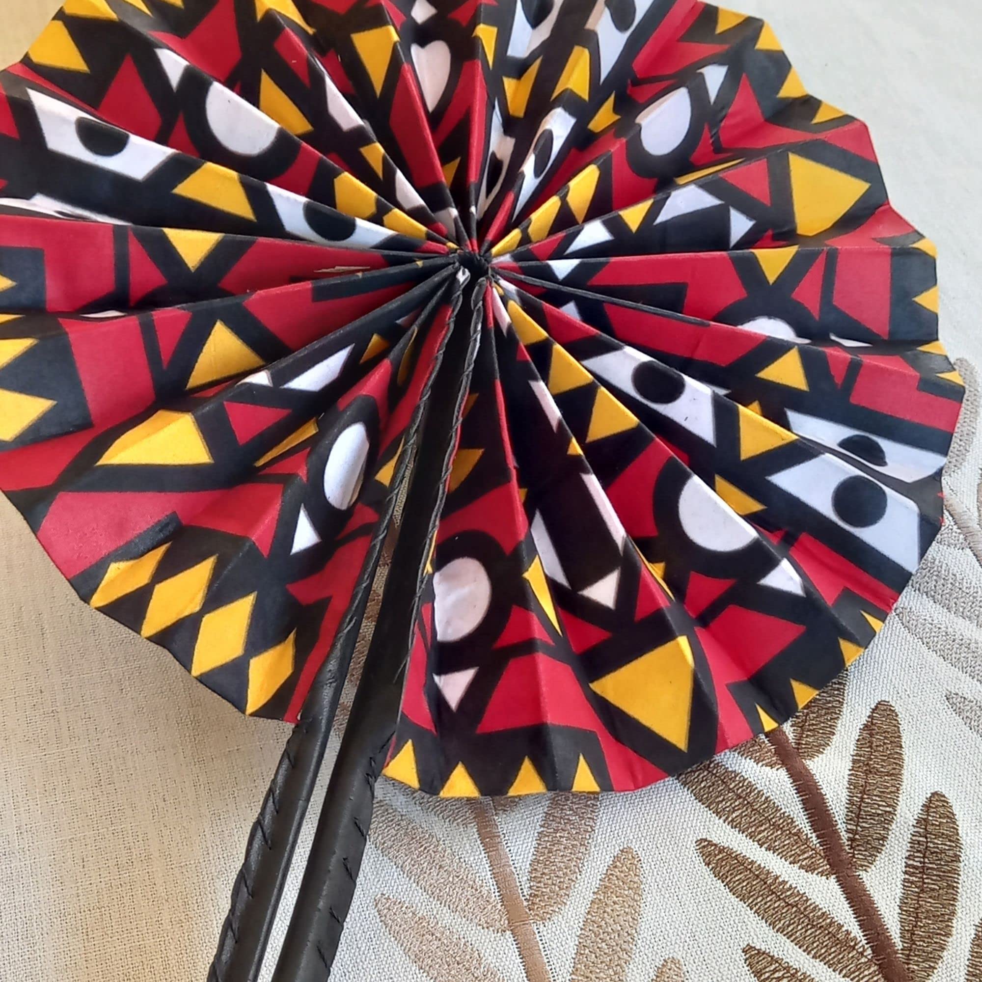 **African Handmade Round Folding Fan - Traditional Fabric Design - Elegant Handheld Cooling Fan for Travel, Weddings & Home Decor (Design 5)**