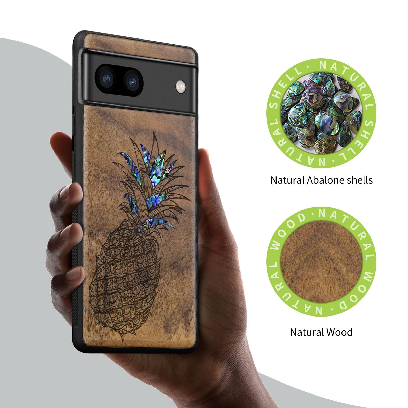 Carveit Designer Wooden Phone Case for Google Pixel 7a - Handcrafted Wood Engraving & Shell Inlay Protective Cover - Compatible with Wireless Charging (Pineapple-Walnut) - Perfect for Outdoor Adventures & Business Meetings