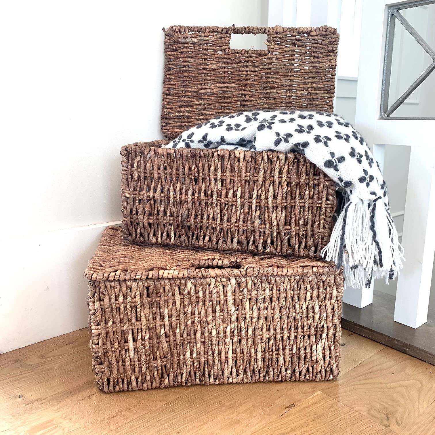 Natural Woven Grass Storage Baskets with Lids - Set of 2, Brown Rectangular Bins for Home Organization | Perfect for Living Room, Bedroom & Bathroom Storage