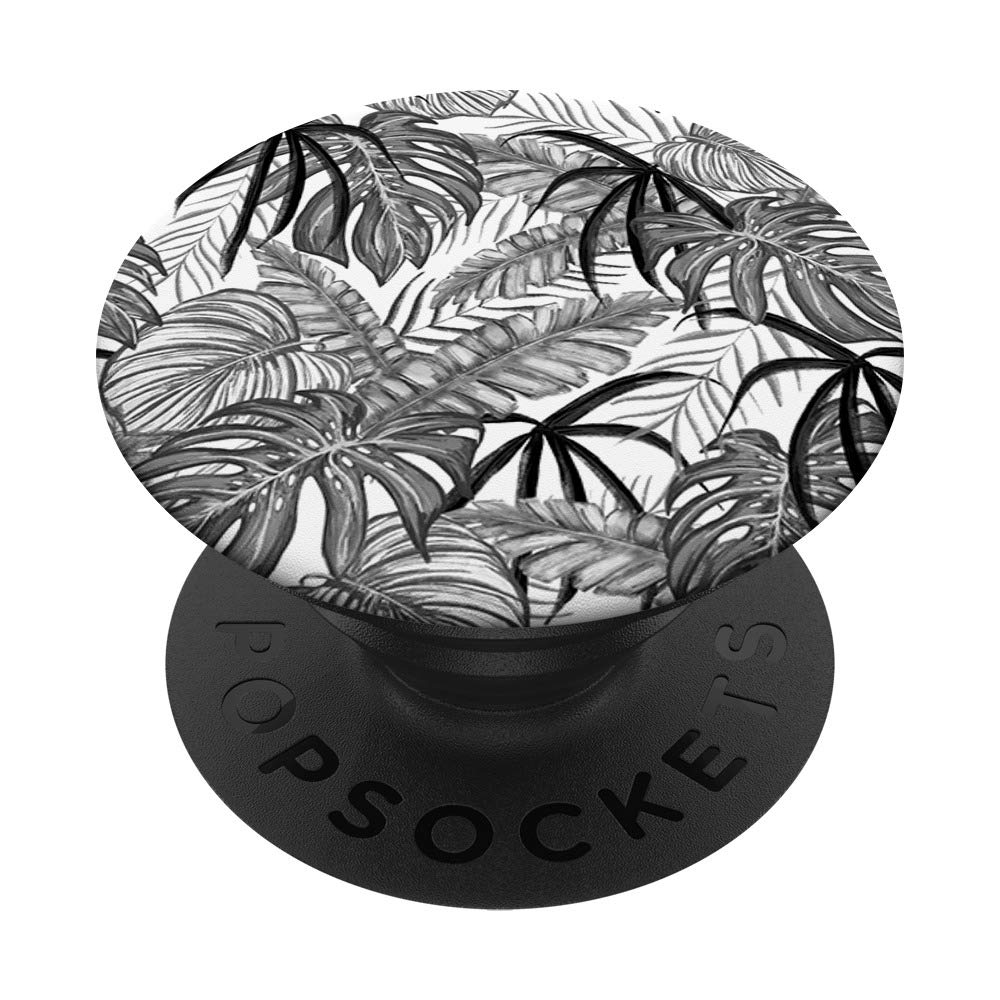 Tropical Palm Fronds Leaves Phone Grip - Grey Black White Nature PopSockets Stand for iPhone, Samsung & Tablets | Perfect for Beach Vacations, Pool Parties & Summer Travel Accessories