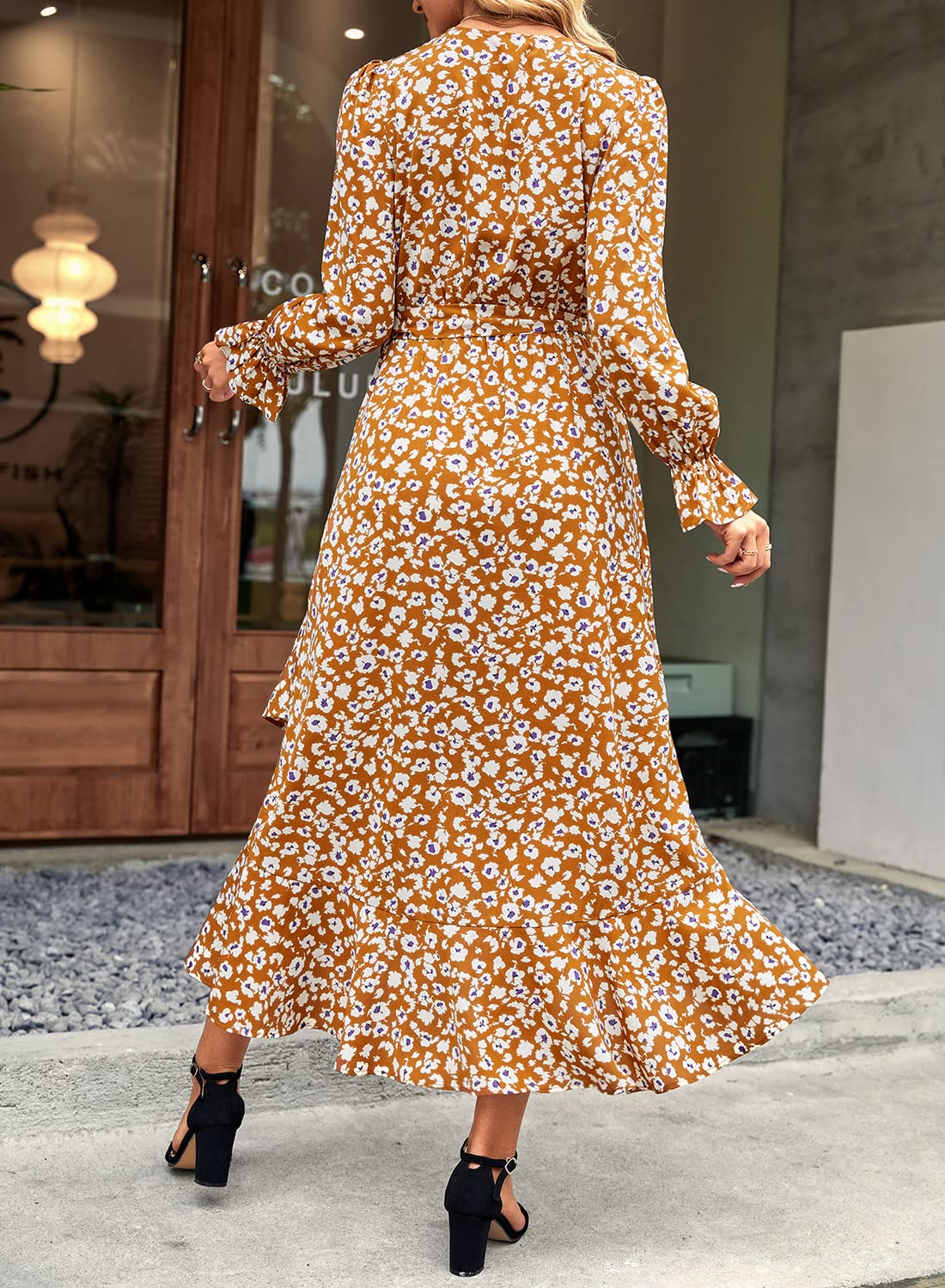 BTFBM Women's Long Sleeve Floral Dress - V Neck High Waist Ruffle Boho Maxi Dress for Spring Summer 2025 | Wedding Guest Dress, Garden Party, Date Night & Special Occasions
