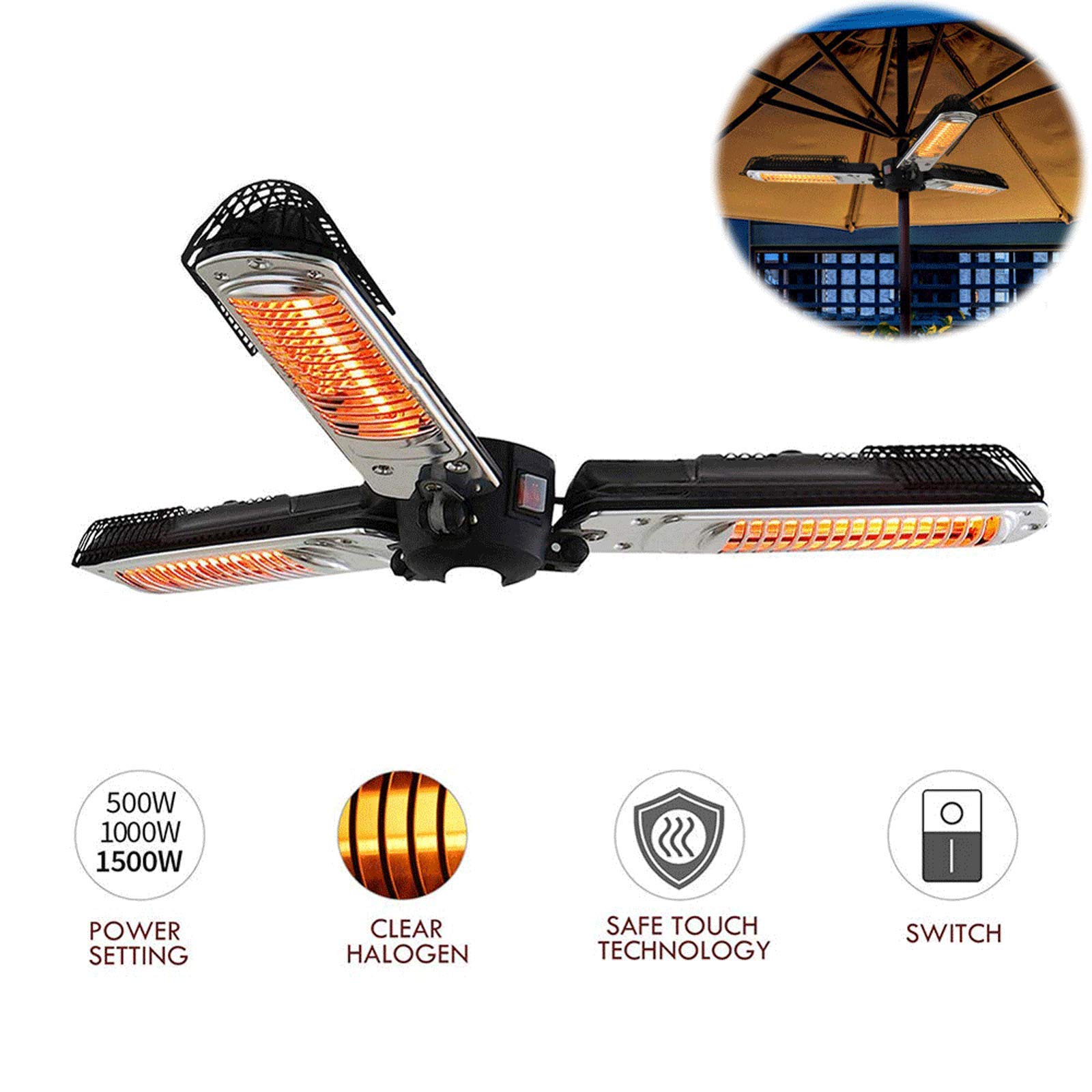 1500W Folding Electric Patio Heater with 3 Infrared Heating Panels - Outdoor Space Heater for Garden, Deck, Balcony & Umbrella Use | Weatherproof & Energy Efficient