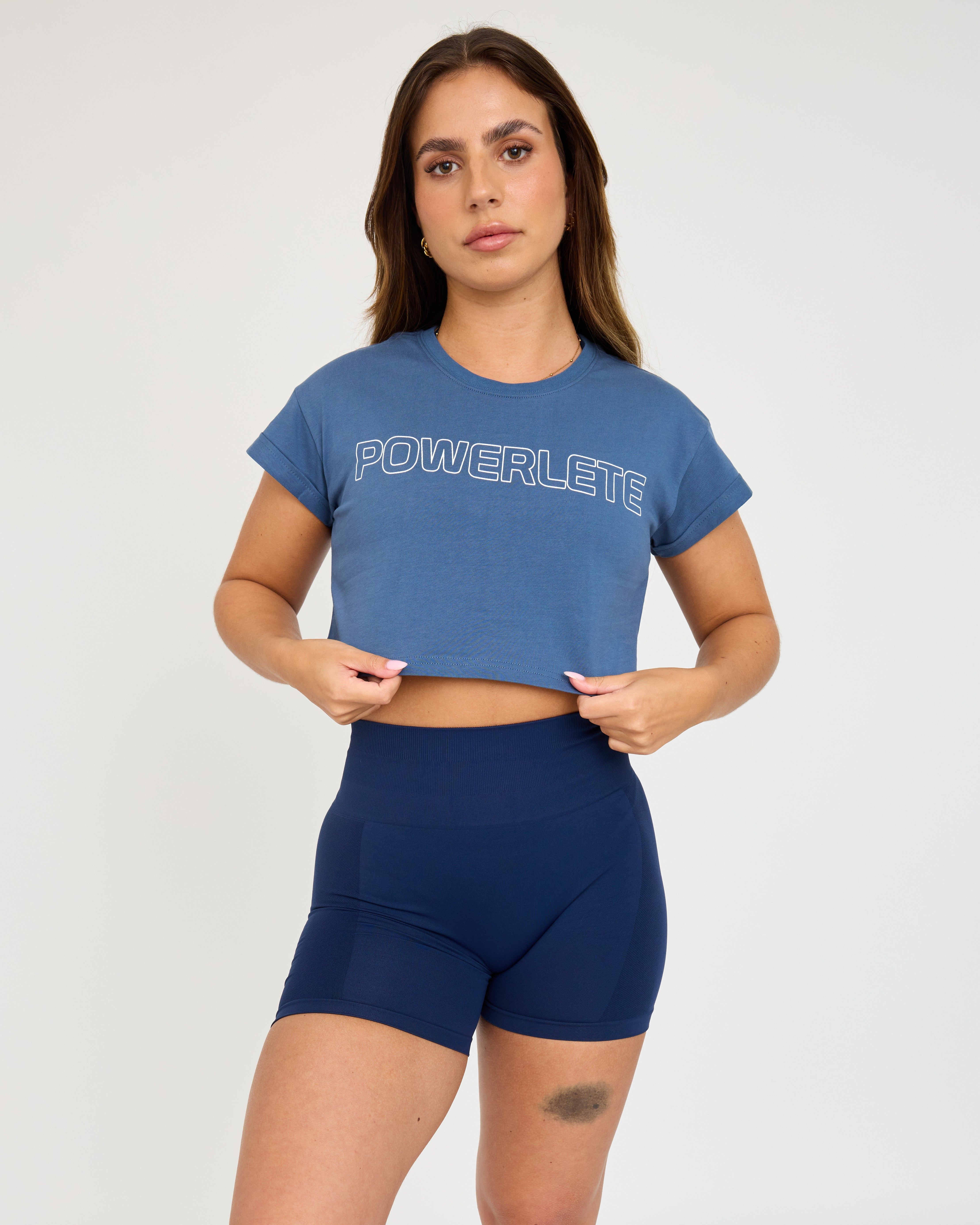Powerlete Evolve Crop Top - Denim Blue | Women's Fashion Workout & Casual Wear | Perfect for Gym, Yoga, Running & Street Style