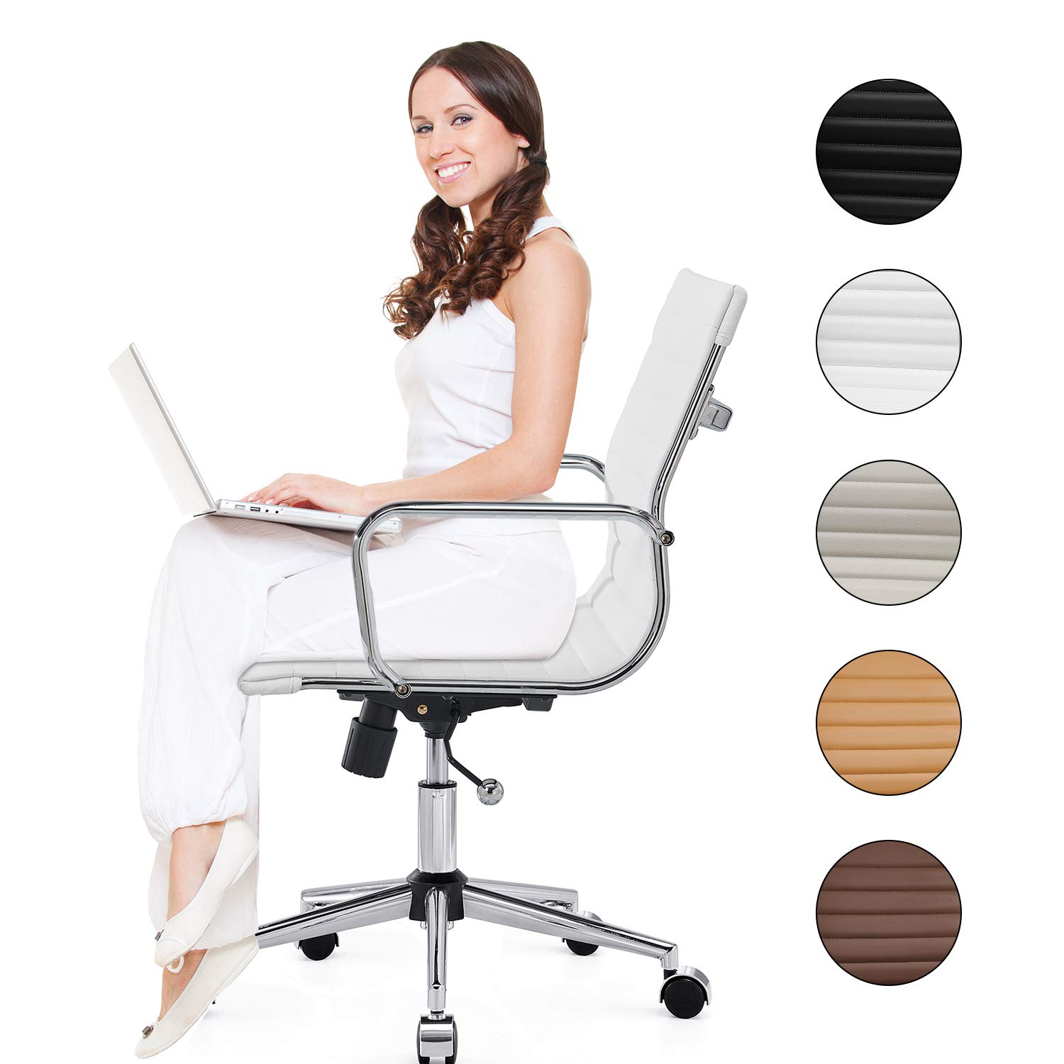 Ergonomic Leather Office Chair - Adjustable Swivel Desk Chair for Home & Work (White)
