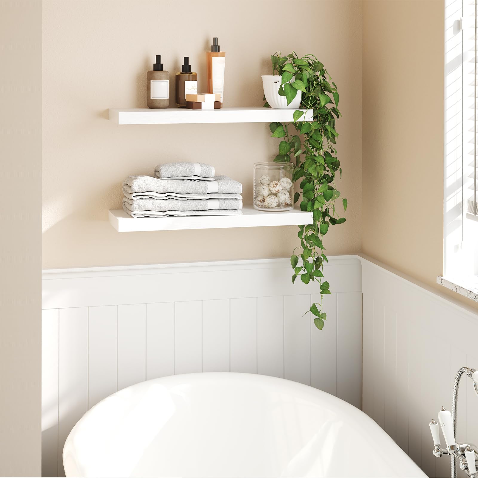 HOOBRO Floating Shelves Set of 2, 23.6 Inch White Wall Shelves with Invisible Brackets - Modern Wall Decor for Bathroom, Bedroom, Kitchen, Living Room & Office - Perfect for Displaying Books, Plants, Photos and Home Decor Items