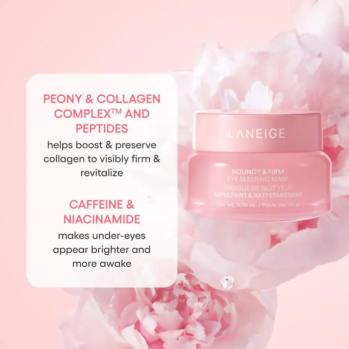 LANEIGE Bouncy & Firm Sleeping Mask with Peony & Collagen Complex - Brightening Eye Treatment for Dark Circles & Puffiness - Overnight Hydration for Glowing Skin - Perfect for Nighttime Skincare Routine & Travel Essentials