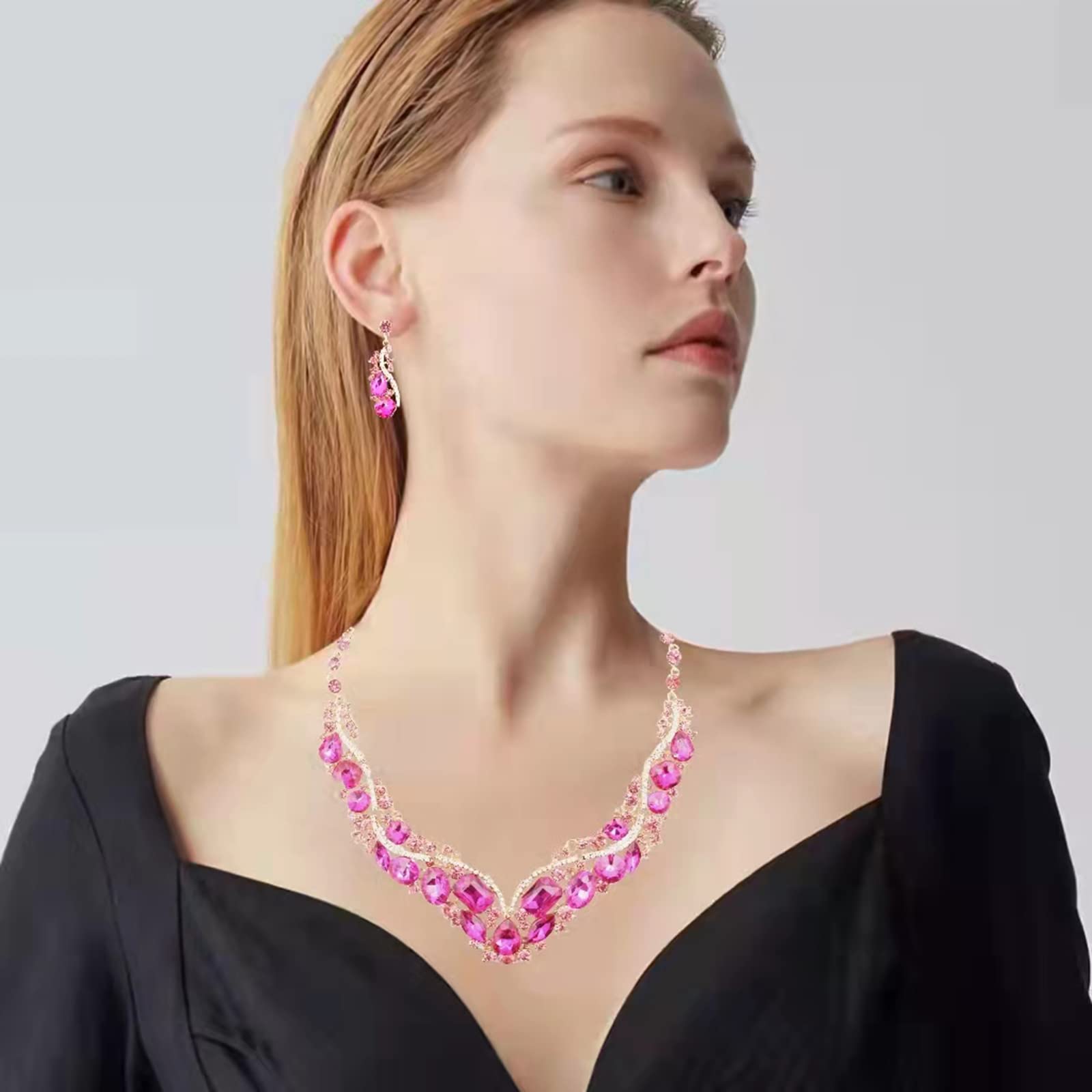 Elegant Rhinestone Crystal Teardrop Necklace & Dangle Earrings Set for Women | Fashion Statement Jewelry Gift | Perfect for Parties, Weddings & Special Occasions