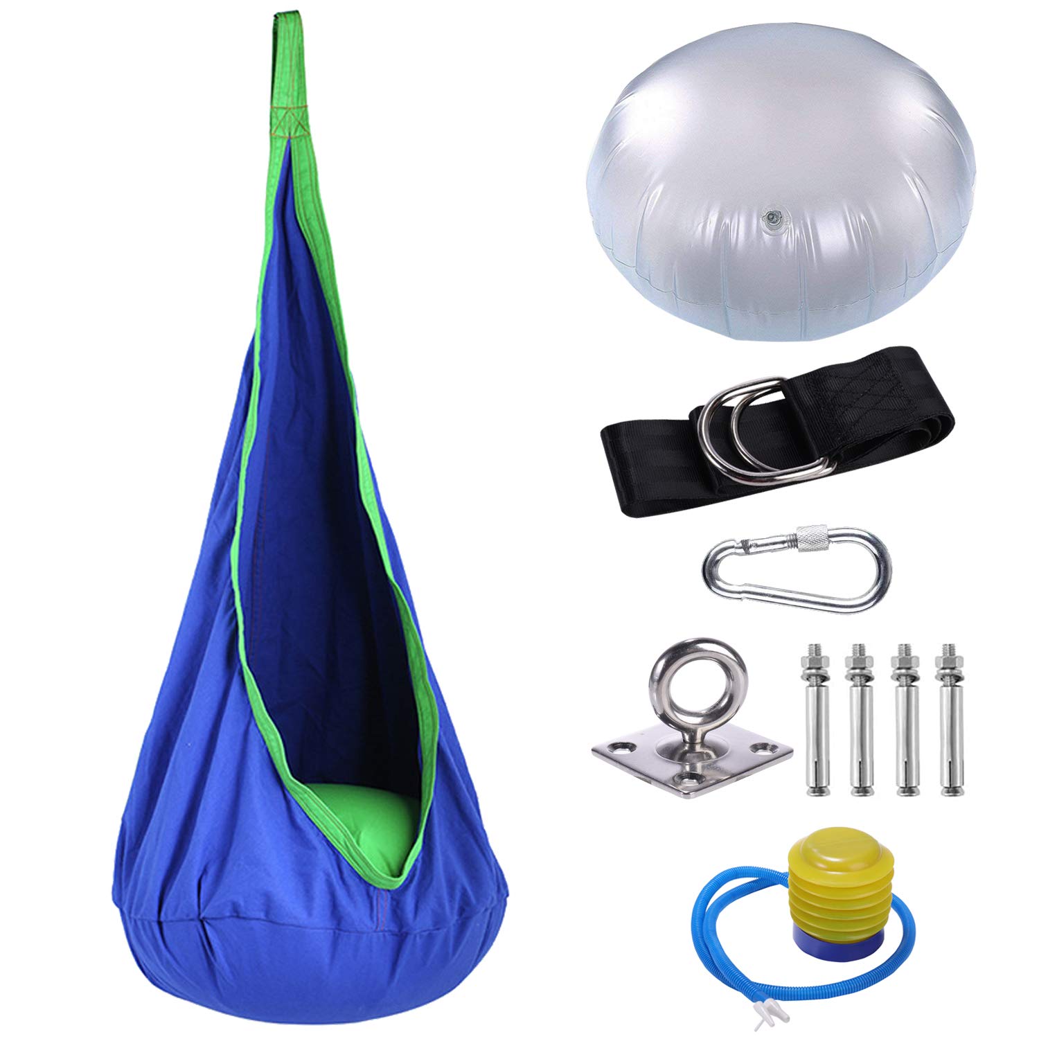 ELEOPTION Kids Pod Swing Seat - 100% Cotton Hanging Hammock Chair for Children | Indoor & Outdoor Play, Nursery, Backyard, Patio (Blue)