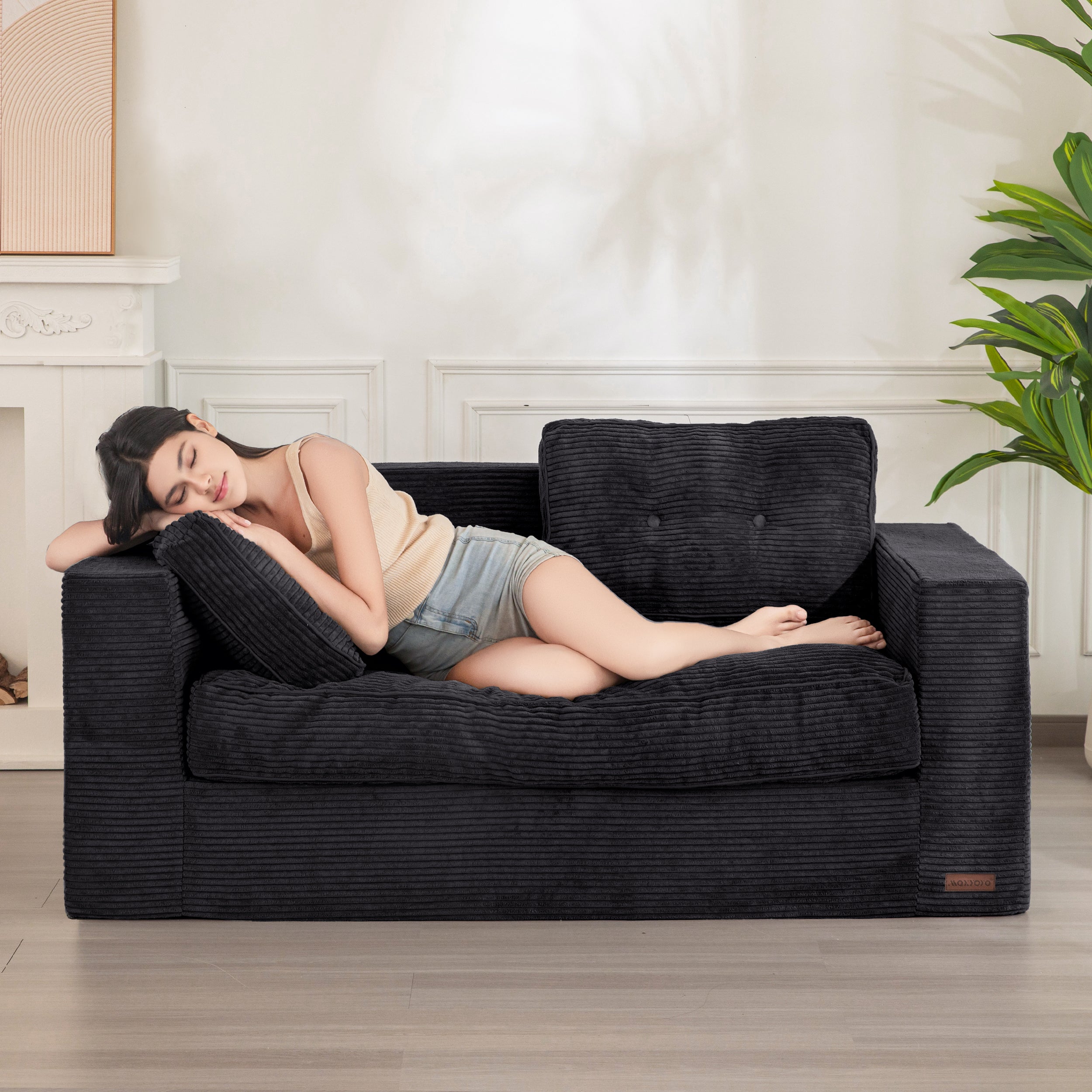 MAXYOYO Bean Bag Chair for Adults - Upholstered Floor Sofa with Armrests, Boneless Couch with Tufted Cushion & Backrest | Sofa in A Box for Living Room, Bedroom, Dorm | Perfect for Relaxing, Gaming & Movie Nights (Black)