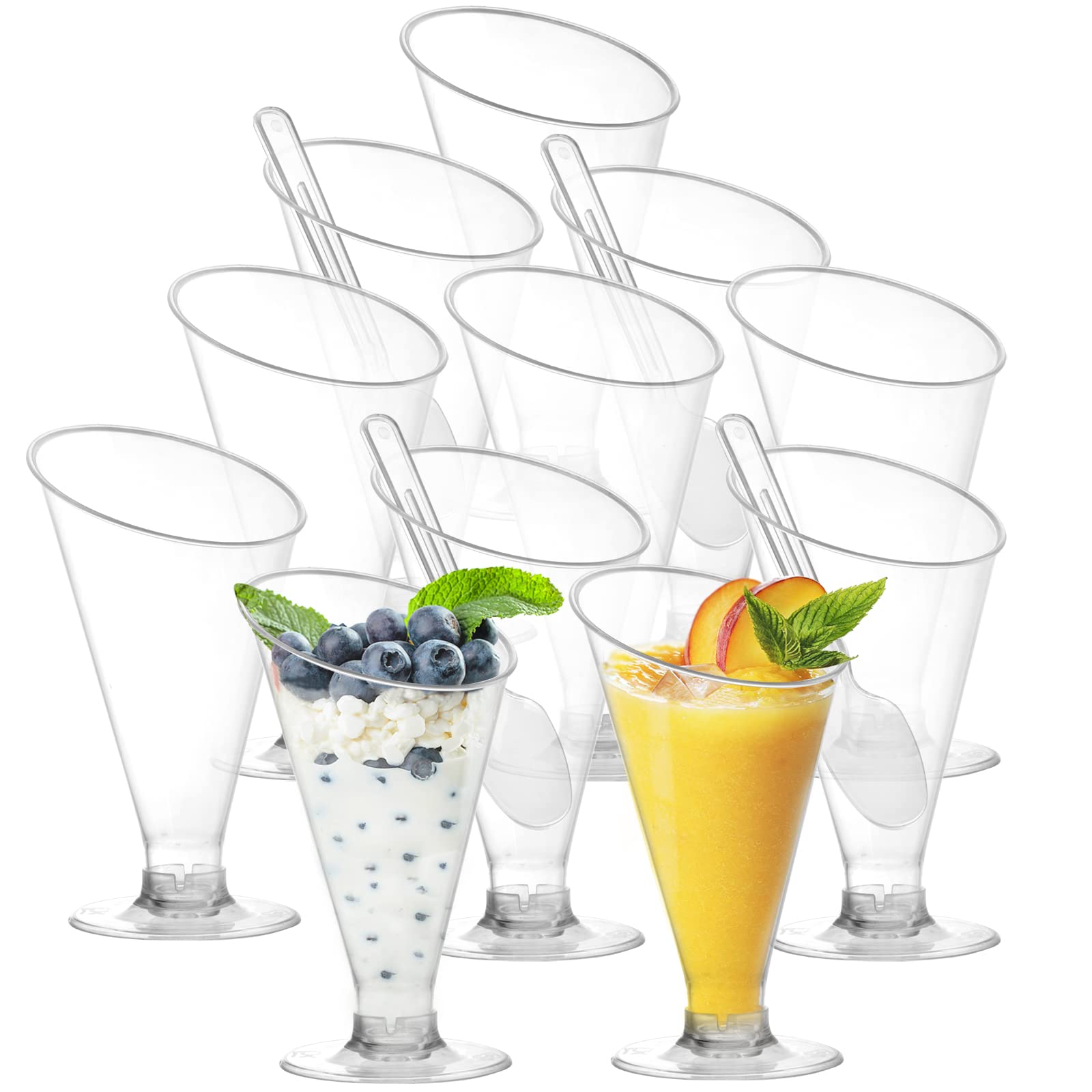 Foraineam 100 Pack 4 oz Clear Disposable Plastic Dessert Cups with Spoons - Reusable Champagne Flutes, Cocktail Glasses for Parfait, Mousse, Appetizers - Perfect for Home Parties, Weddings, Events & Holiday Gatherings