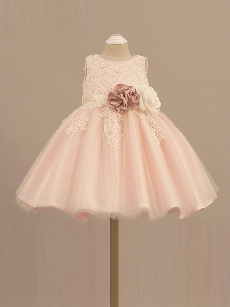 Pink Princess Round Tea Length Lace Flower Girl Dress for Weddings, Baptisms & Special Occasions