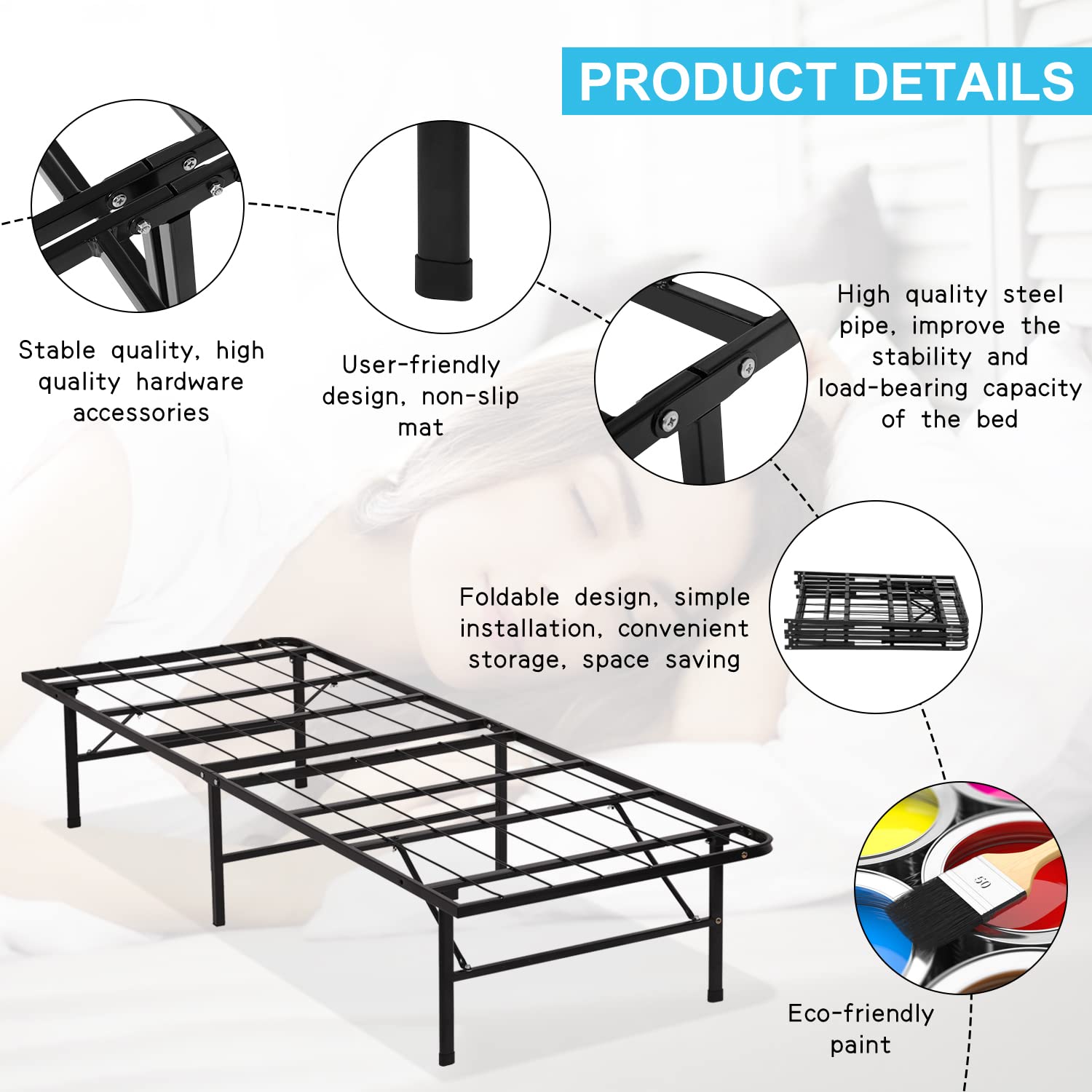 14 Inch Heavy Duty Metal Twin Bed Frame with Steel Slats - No Box Spring Needed, Easy Assembly, Noise-Free, Underbed Storage - Perfect for Kids Rooms, Guest Beds & Small Spaces