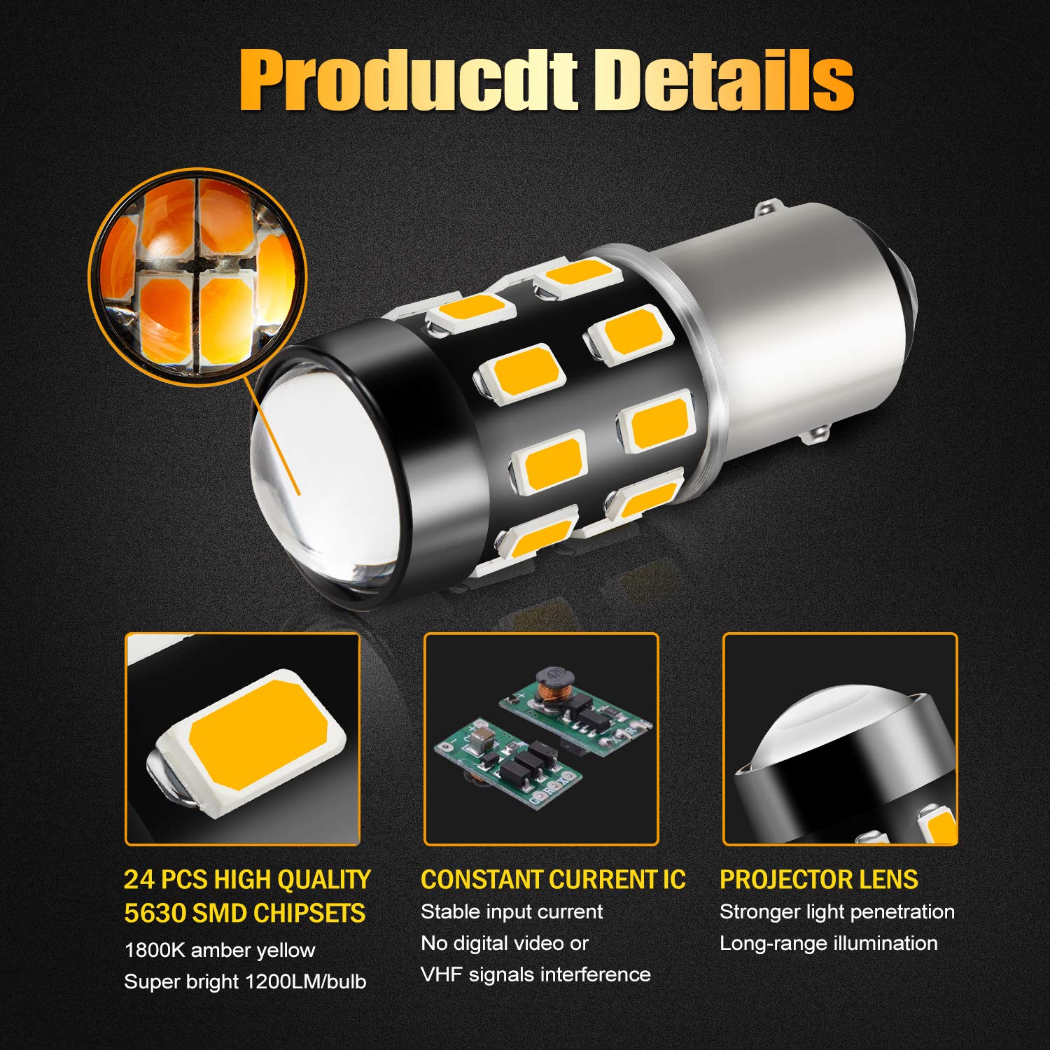 1157 LED Bulbs - Super Bright 24-SMD 9-30V Non-Polarity 2057 2357 7528 1157A BAY15D LED Bulbs with Projector - Amber Yellow (Pack of 2) - Perfect for Turn Signal Blinker Lights, Side Marker Lights, Brake Lights & Tail Lights in Cars, Trucks & Motorcycles