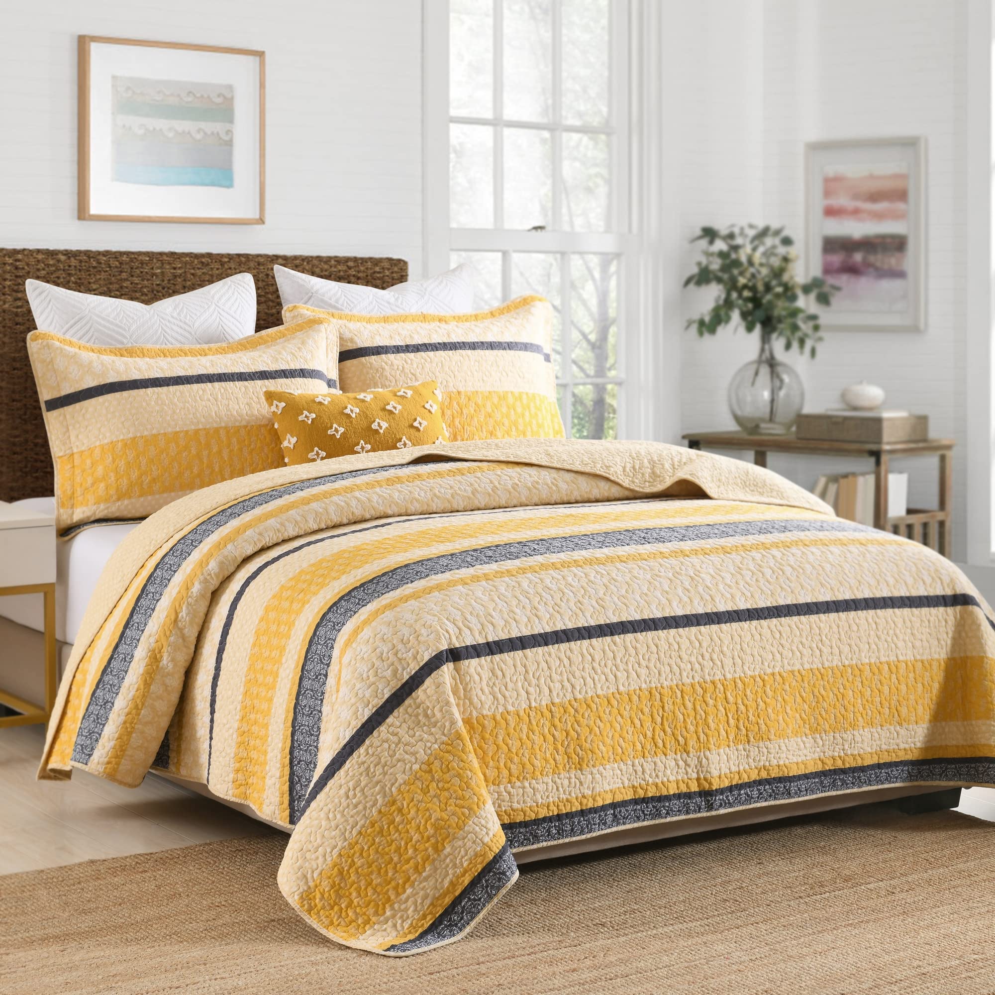 Homzard Queen Size Quilt Bedding Set - 3 Piece Lightweight Cotton Comforter in Yellow, Black & Grey Stripes | Farmhouse Style All Season Bedspread for Cozy Home Decor