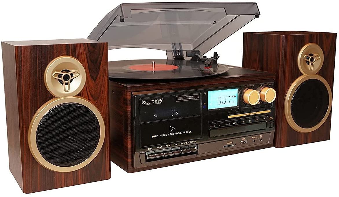 Boytone BT-28SPM 复古蓝牙黑胶唱机 - 带AM/FM收音机、CD/磁带播放器、独立立体声扬声器，支持黑胶、收音机、磁带转录，认证翻新，适合家庭娱乐和复古音乐爱好者
