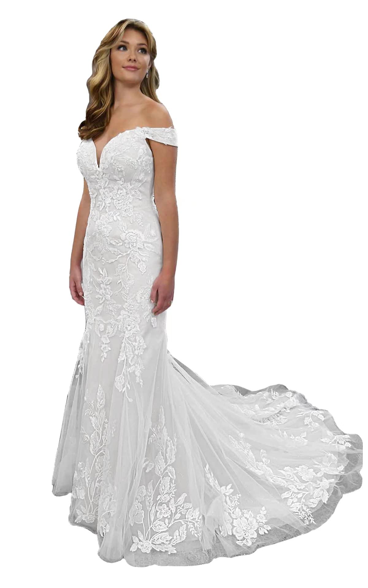 2022 Boho Lace Beach Wedding Dresses with Long Train & Sheer Sleeves - Elegant Split Bridal Gowns for Women | Perfect for Beach Ceremonies, Destination Weddings & Romantic Photos