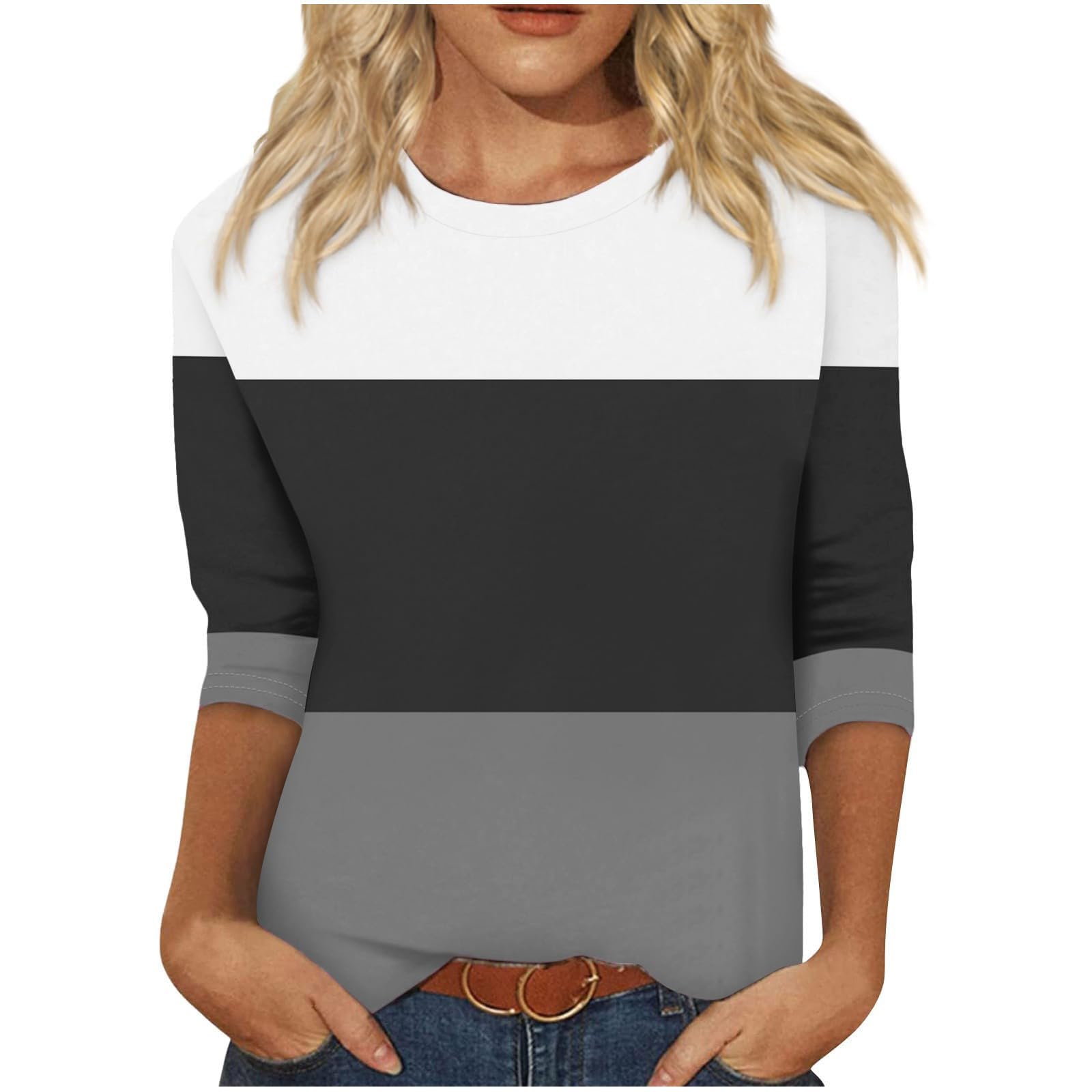 Women's 3/4 Sleeve Striped Color Block T-Shirt - Round Neck Casual Top for Work, Date Night & Everyday Wear