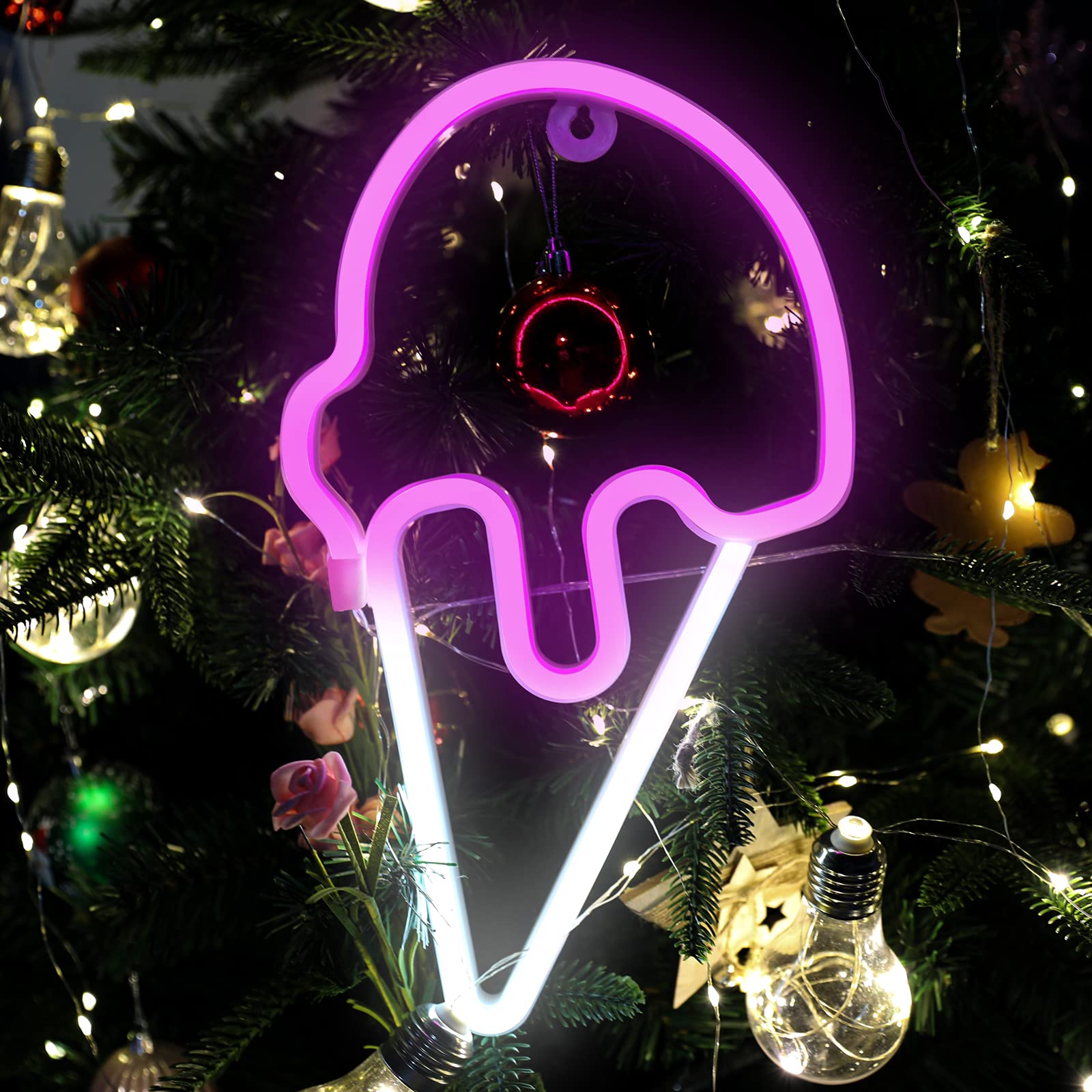 LED Ice Cream Neon Sign - Battery/USB Powered Cute Neon Light for Room Decor - Perfect for Summer Parties, Bedroom, Office, Dorm & Kids Gifts