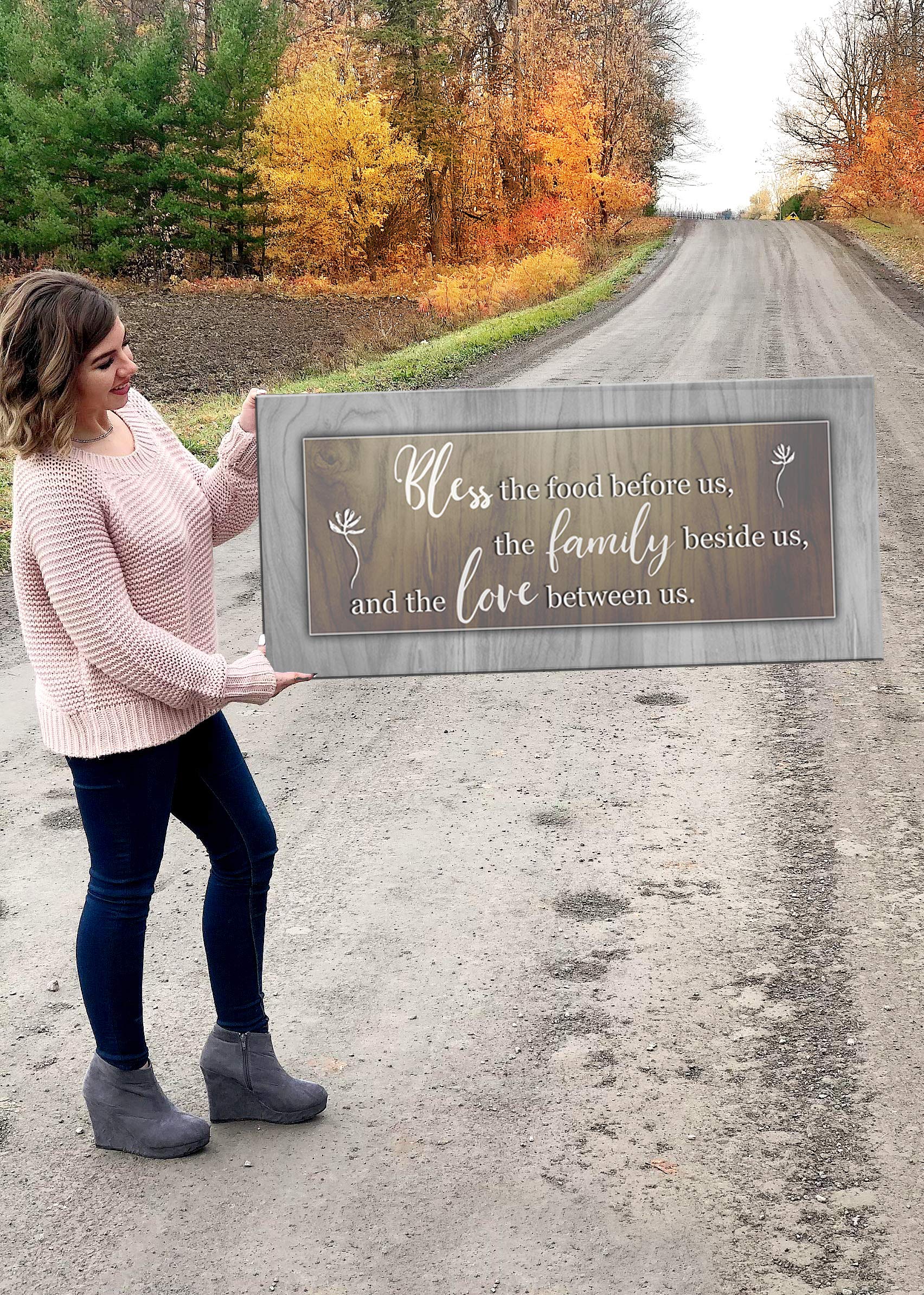 Bless the Food Before Us - Framed Wall Art for Kitchen & Dining Room Decor - Brown Wooden Sign (42x19 Inches) - Perfect for Farmhouse, Rustic & Christian Home Décor