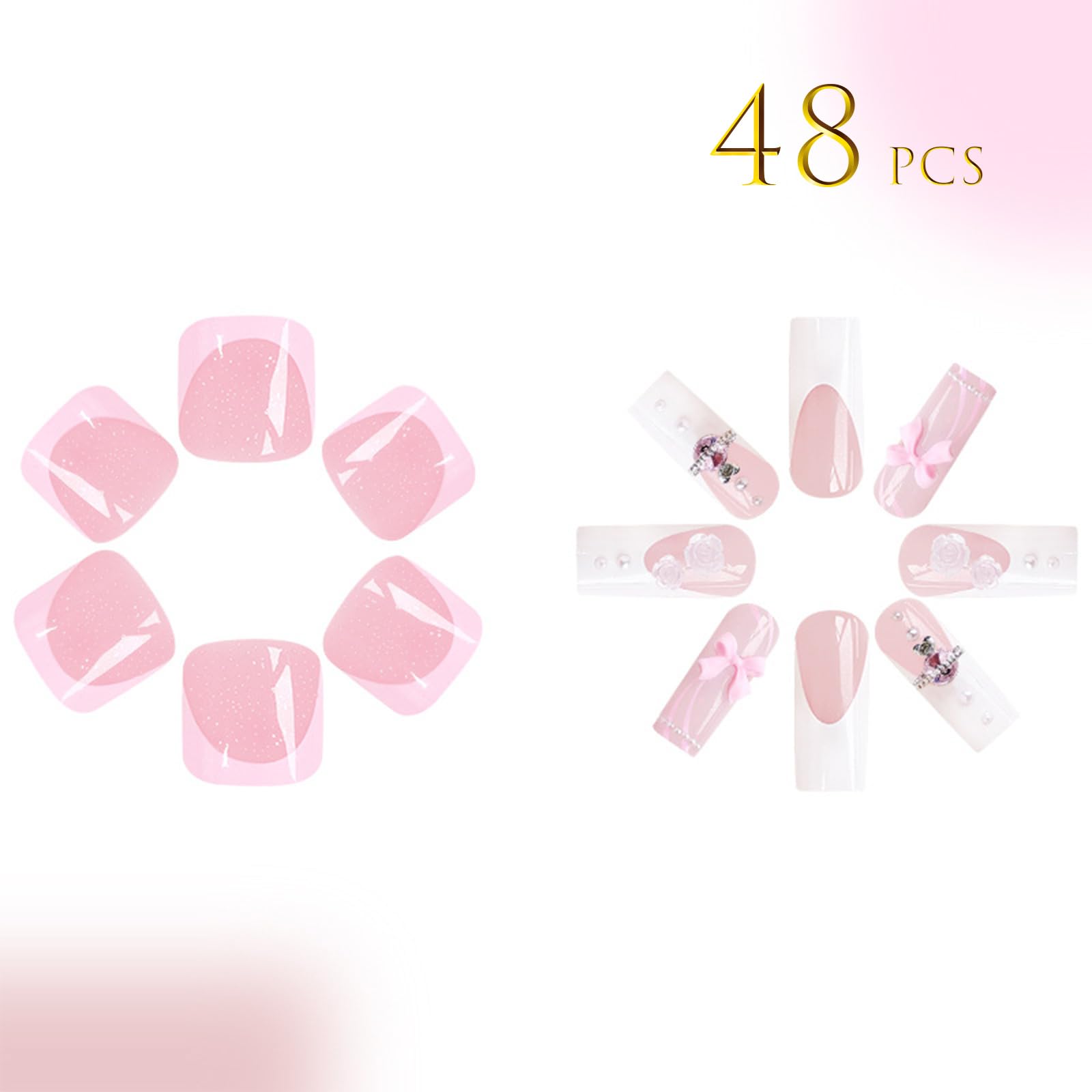 48Pcs French Tip Press on Nails with 3D Flower & Bow Design - Glossy Acrylic Long Coffin Fake Nails with Pearls - Full Cover Stick on Nails for Women & Girls - Perfect for Parties, Weddings, and Special Occasions