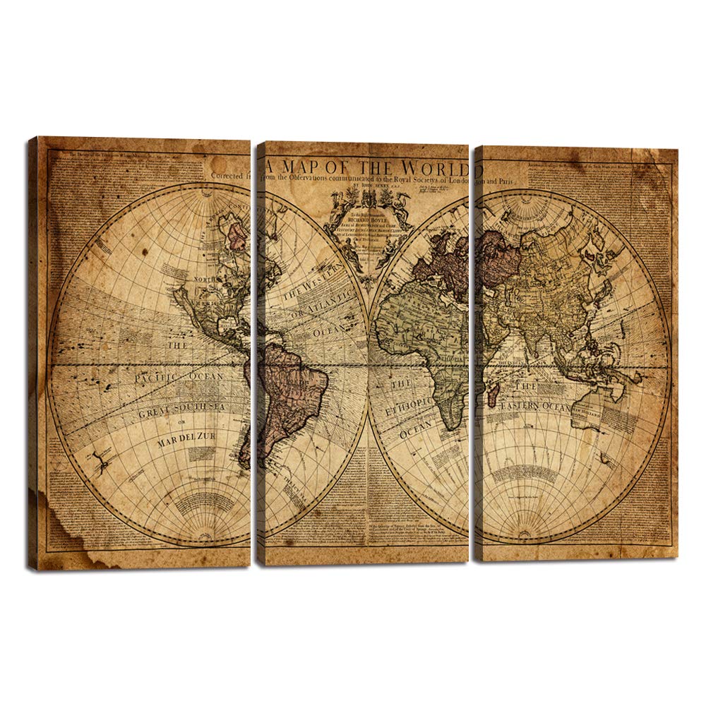 Vintage World Map Canvas Wall Art - 3 Piece Framed Large Contemporary Painting with Newspaper Background, Perfect for Bedroom & Living Room Decor (40''H x 60''W) | Ideal for Home Office, Dorm Room & Coastal Themed Spaces