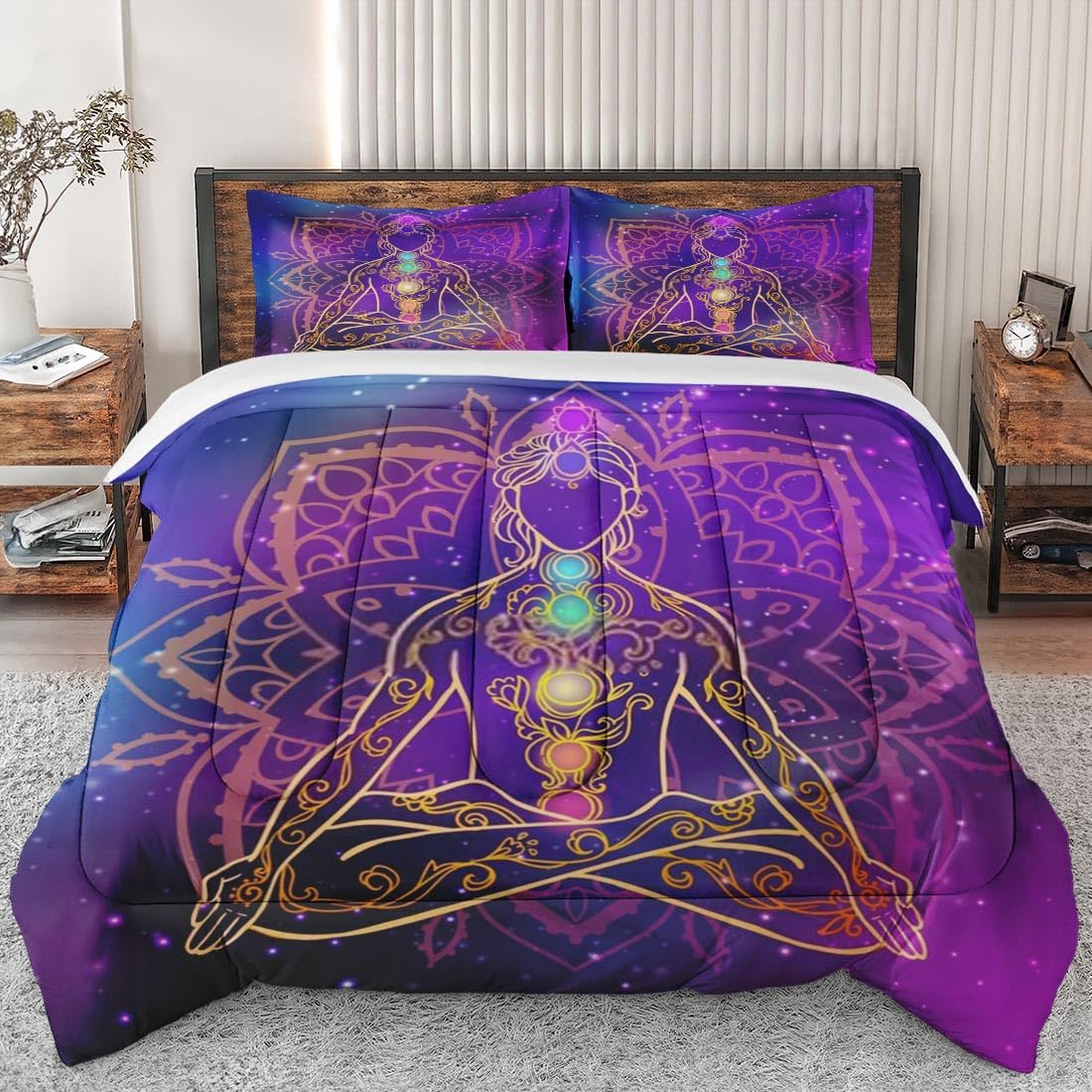 King Size Comforter Set - Geometric Mandala Space Rainbow Design, Ultra Soft Bedding for Kids & Adults | Zen Lotus Peace Bedroom Decor with 2 Pillowcases | Perfect for Guest Rooms, Dormitories & Cozy Home Decor