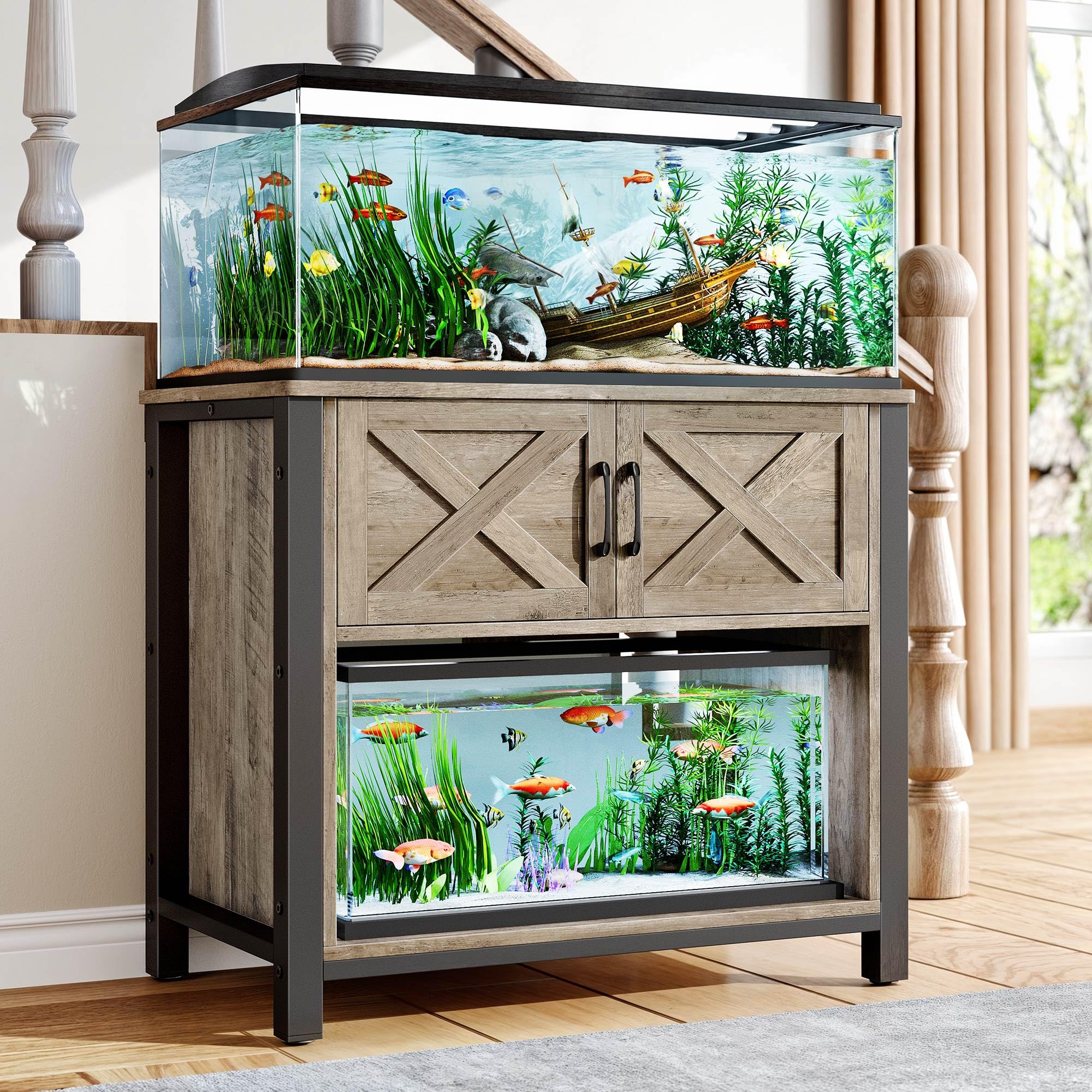 DWVO 40-50 Gallon Heavy Duty Metal Aquarium Stand with Power Outlets & Storage Cabinet – 660LBS Capacity Fish Tank Stand for Turtle Tanks, Reptile Terrariums, Grey – Perfect for Home, Office, or Classroom Aquatic Displays
