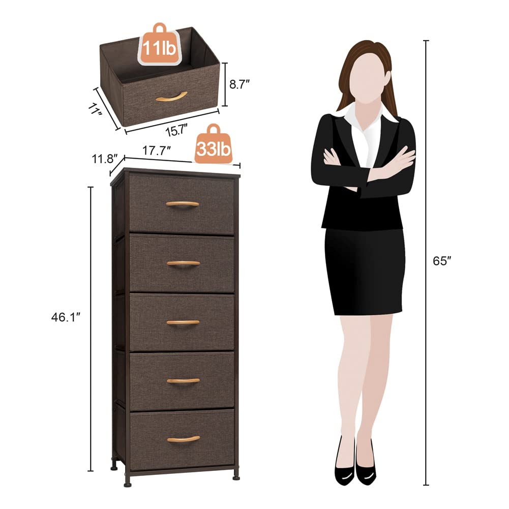 Crestlive 5-Drawer Vertical Dresser Storage Tower - Sturdy Steel Frame & Wood Top with Easy Pull Fabric Bins - Space Saving Closet Organizer for Bedroom, Hallway, Entryway - Perfect for Small Spaces & Apartment Living (Brown)
