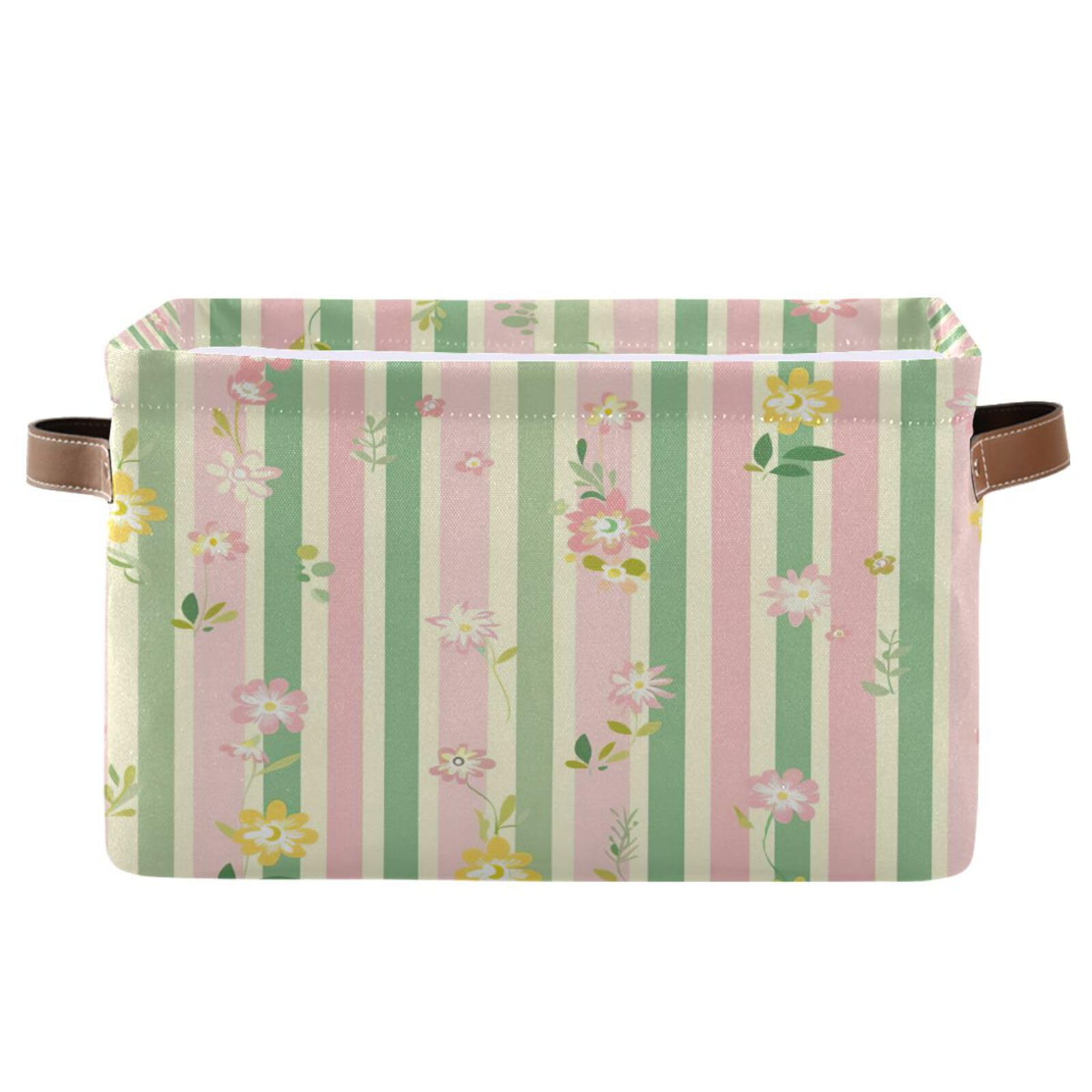 Foldable Striped Flower Large Square Storage Basket Bin with Handles (2-Pack) - Multi-Functional Organizer for Closet, Shelf, Nursery | Perfect for Storing Toys, Books, Clothes & Home Organization
