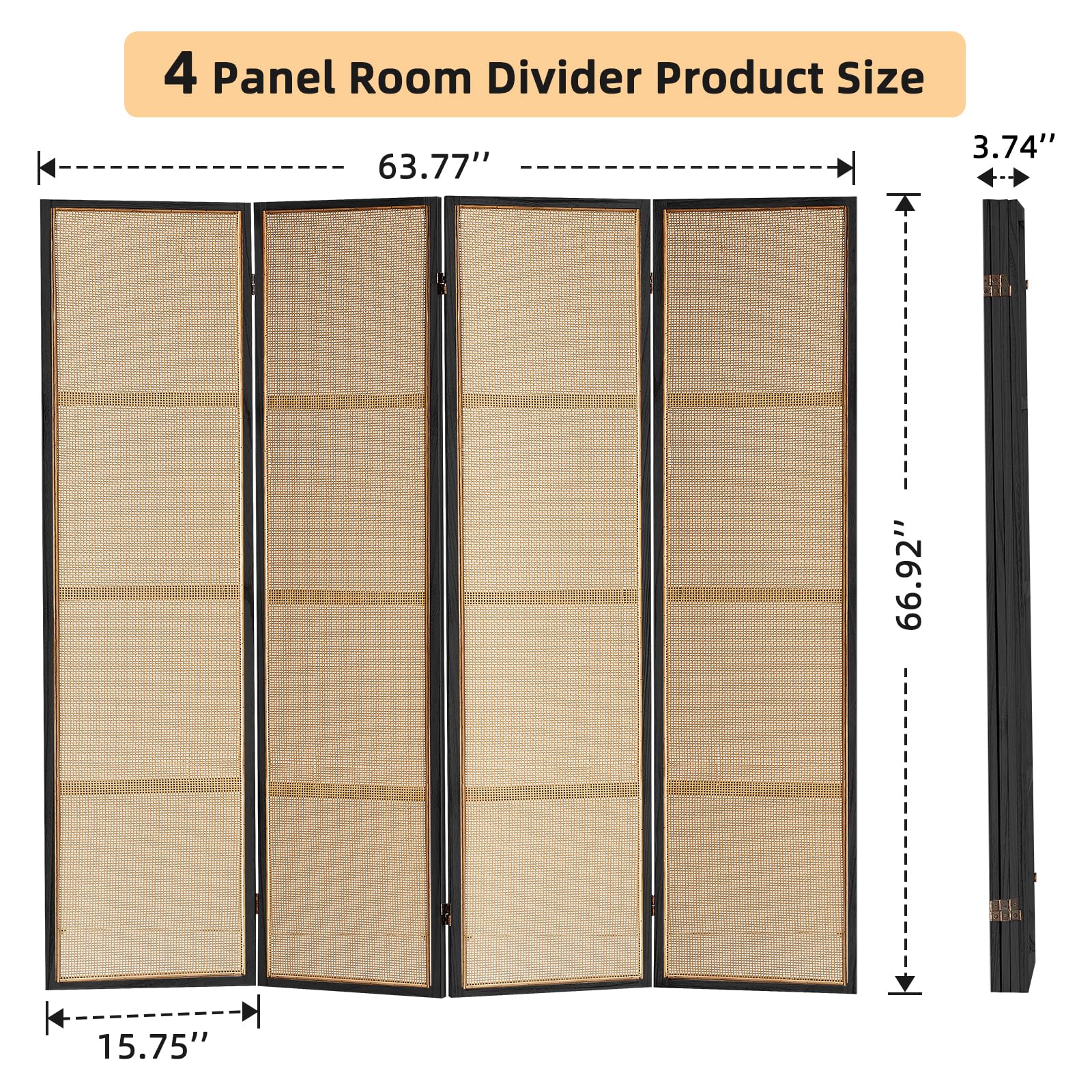 4 Panel Wood Room Divider - 5.6FT Foldable Privacy Screen with Hand-Woven Rattan Design - Freestanding Partition for Home Office, Bedroom, Restaurant & Indoor Decor (Black) - Perfect for Creating Private Spaces & Room Dividers