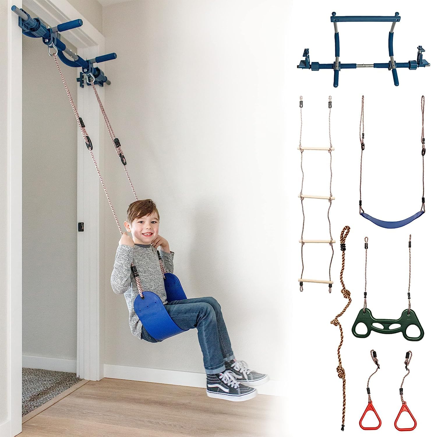 Gym1 6-Piece Doorway Gym Set for Kids & Adults - Indoor Pull-Up Bar, Sensory Swing, Rings, Trapeze, Ladder & Knotted Rope - 300 lbs Capacity - Perfect for Home Workouts, Kids Playroom & Sensory Therapy