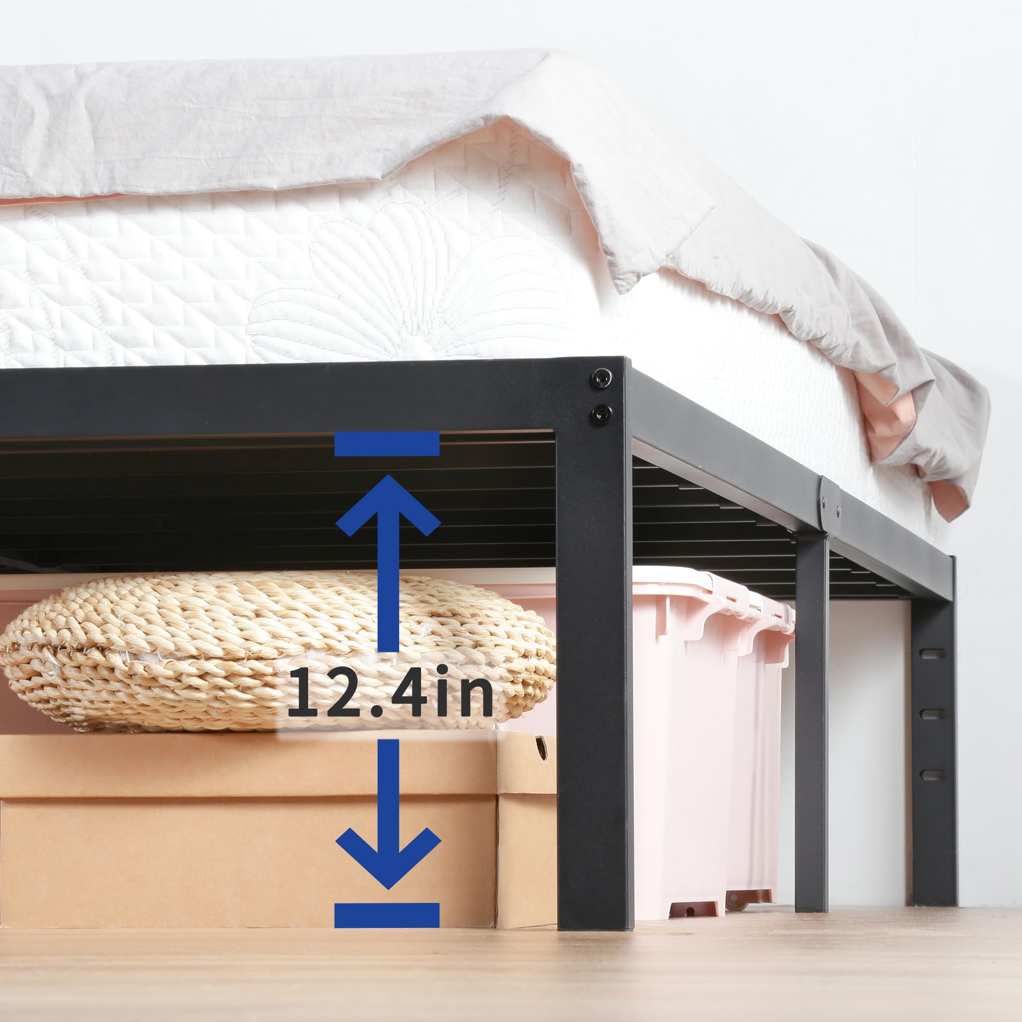 Olee Sleep 14 Inch Heavy Duty Steel Slat Anti-Slip Platform Bed Frame - Noise Free Mattress Foundation with Maximum Storage Space, No Box Spring Needed - Queen Size Black | Perfect for Modern Bedrooms, Guest Rooms & Small Spaces