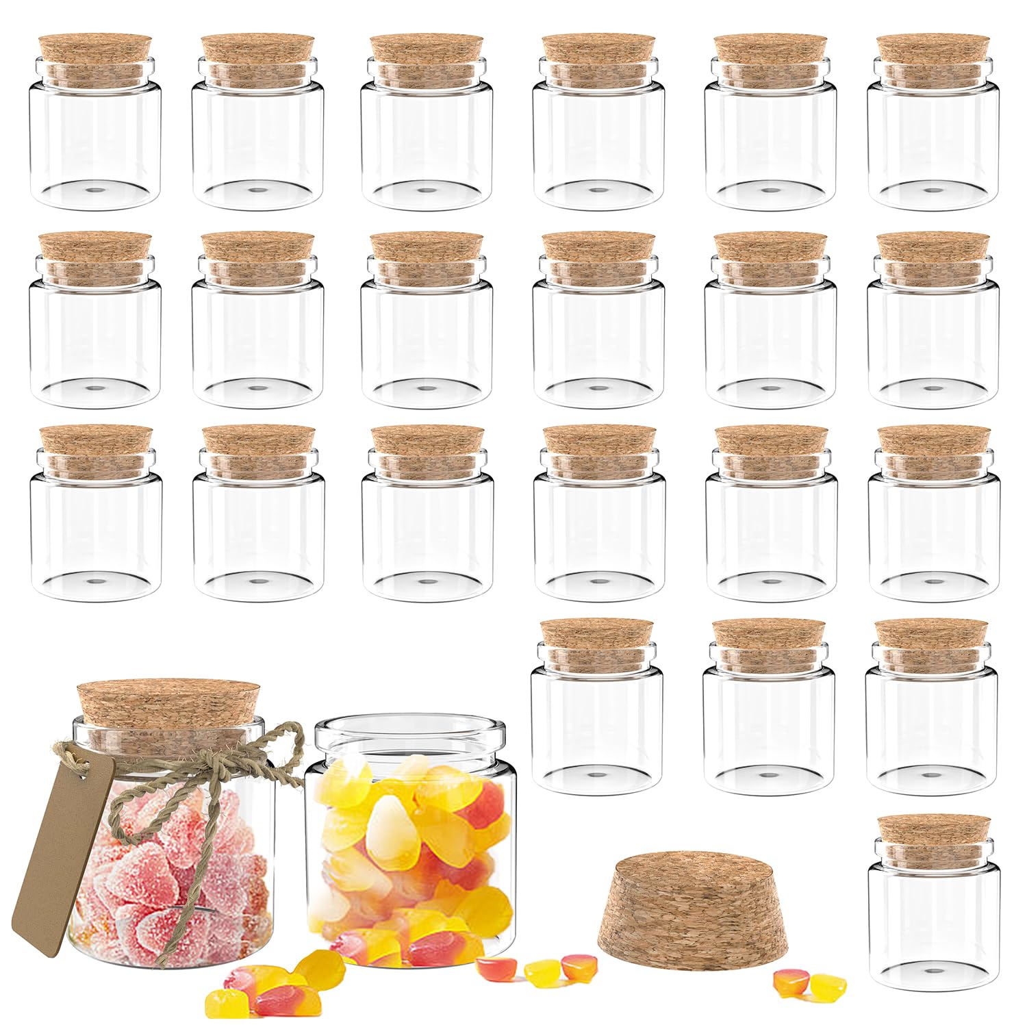 24 Pack 1.7 Oz (50ml) Glass Bottles with Cork Stoppers - Mini Small Glass Jars for Wedding Favors, DIY Crafts, Home Decor & Party Supplies - Perfect for Essential Oils, Spices, Bath Salts & Gift Packaging
