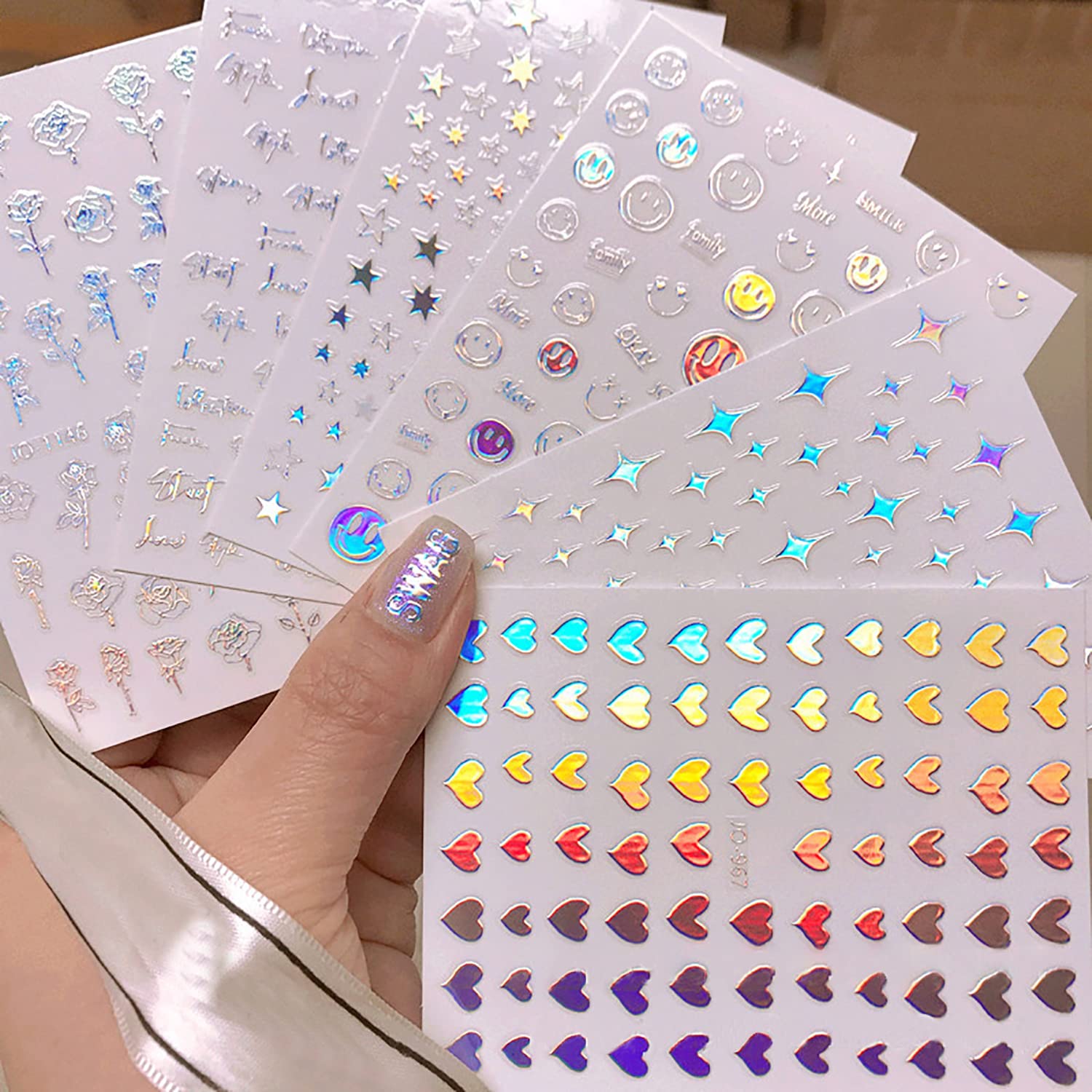 3D Self-Adhesive Nail Art Stickers - Shiny Heart, Stars & Flower Designs for Women & Girls | Nail Decoration Accessories (6 Sheets) | Perfect for Parties, Weddings & Everyday Glam