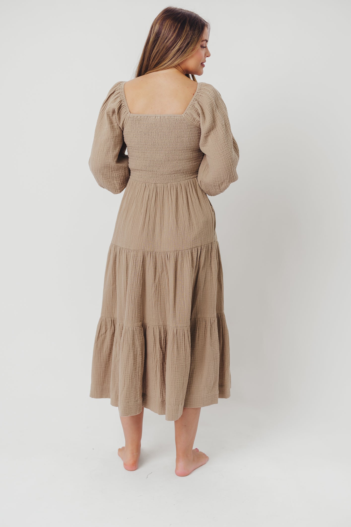 Taylor Cotton Smocked Midi Dress with Tiered Skirt in Pumice - Inclusive Sizing (XS-3X) | Flowy Summer Dress for Women | Perfect for Beach Vacations, Brunch Dates & Garden Parties
